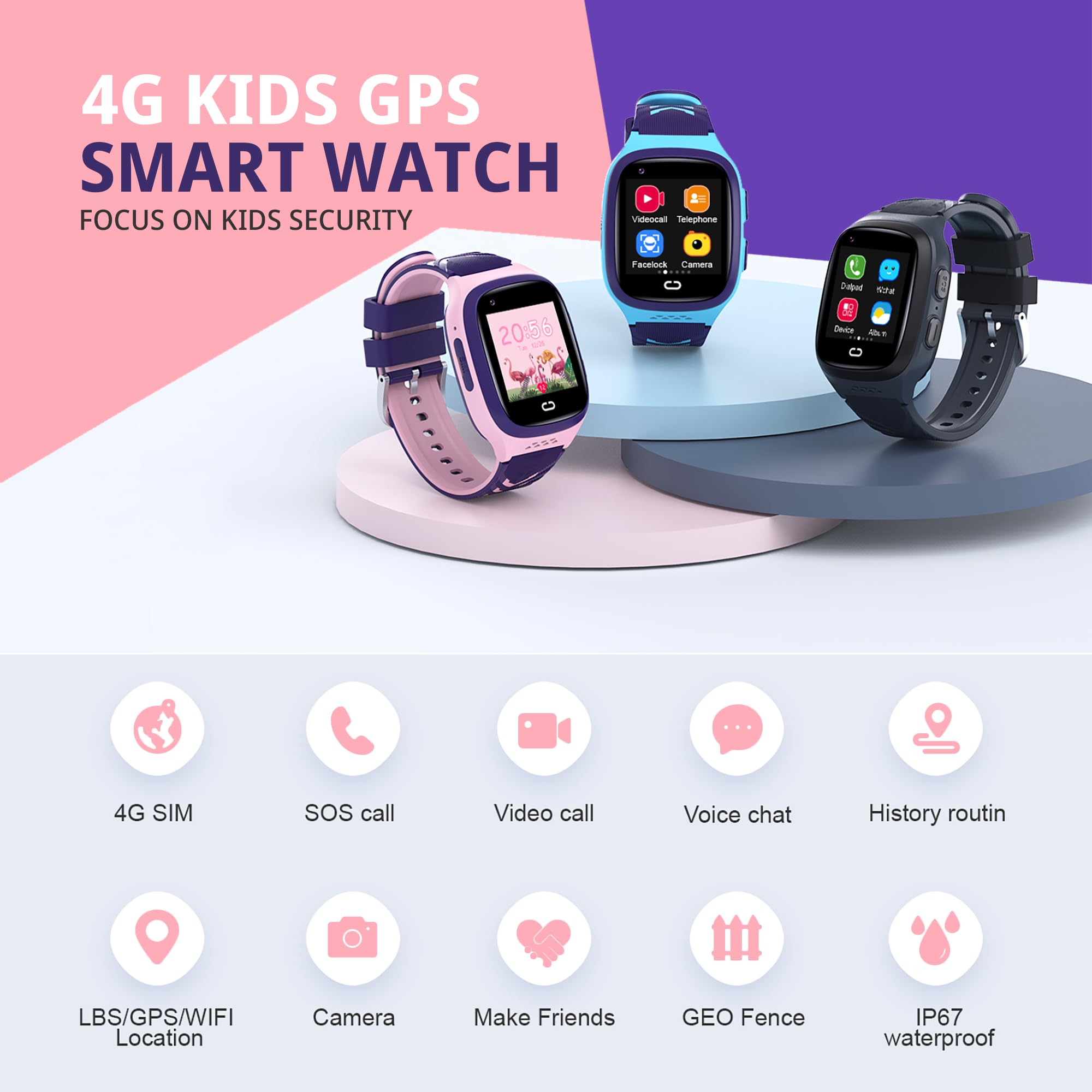 4G Kids Smart Watches Girls With Gps Tracker, Kids Cell Phone Watch For Girls Age 5-12, Video Calling Sos Call Voice Chat Alarm