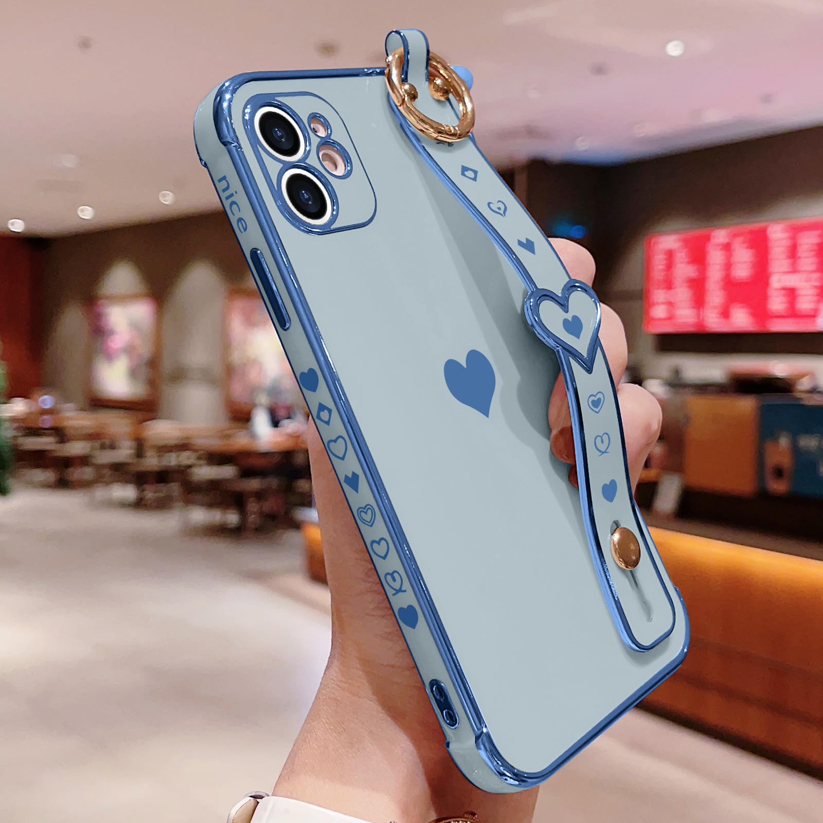 Llz.Coque For Iphone 11 Case Cute Love Heart Plating Strap Phone Cover For Women Girls Bling Soft Silicone Camera Lens Protectio