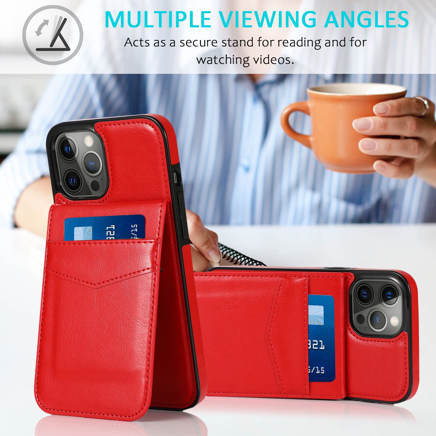 Seabaras Leather Wallet Case For Iphone 12 Wallet Case And Iphone 12 Pro Wallet Case With Credit Card Holder 6.1 Inch (Red)