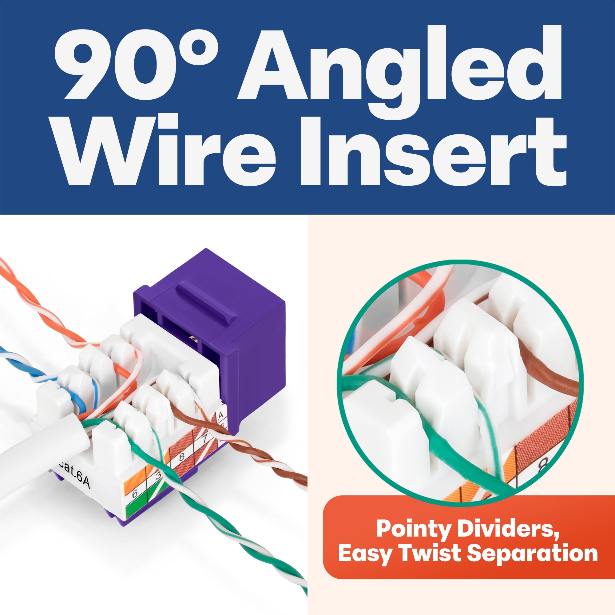 Everest 90 Angled Rj45 Cat6A Keystone Jacks 50-Pack In Purple - Slim Profile Female Rj45 Connectors - Cat 6A Keystone Jack - Com