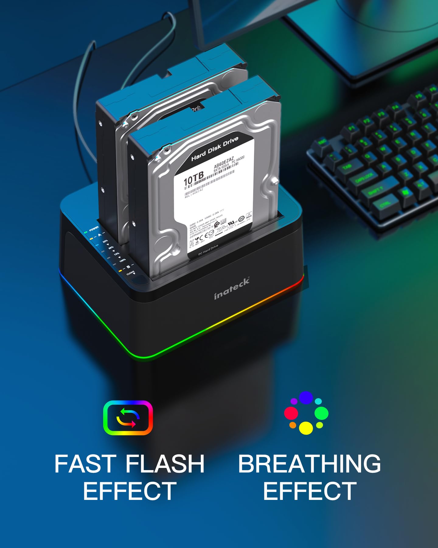Inateck Rgb Usb 3.0 Usb C Port Hard Drive Docking Station With Offline Cloning, For 2.5/3.5 Inch Sata Hdds And Ssds, 2 X 20Tb Du