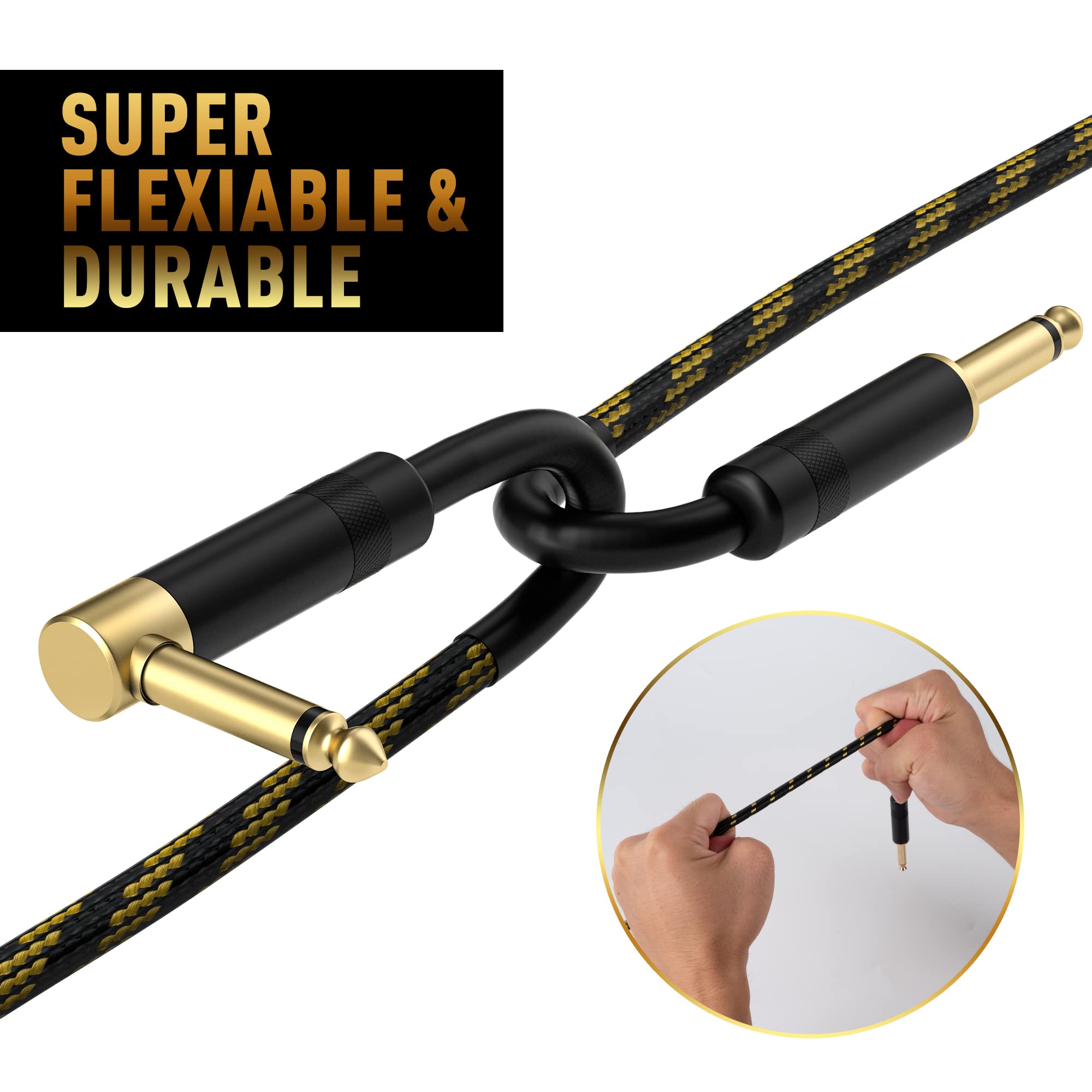 Guitar Cable 20 Feet  Right Angle To Straight Instrument Cable Gold Plated Nylon Braided 90 Degree 1/4 Inch Ts Professional Elec
