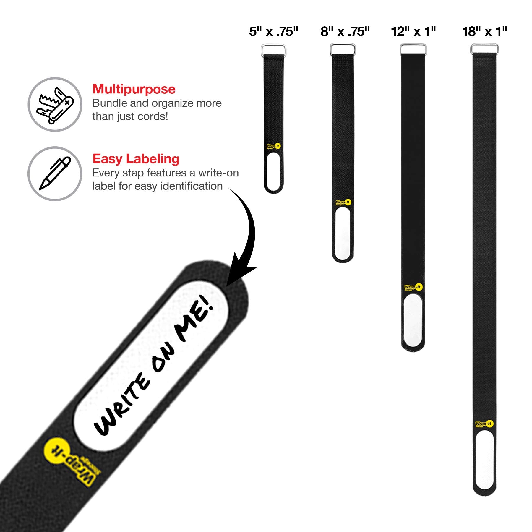 Wrap It Storage Cinch Straps (Assorted 16 Pack) Black   Hook And Loop Strap With Write On Label For Easy Cord Identification And