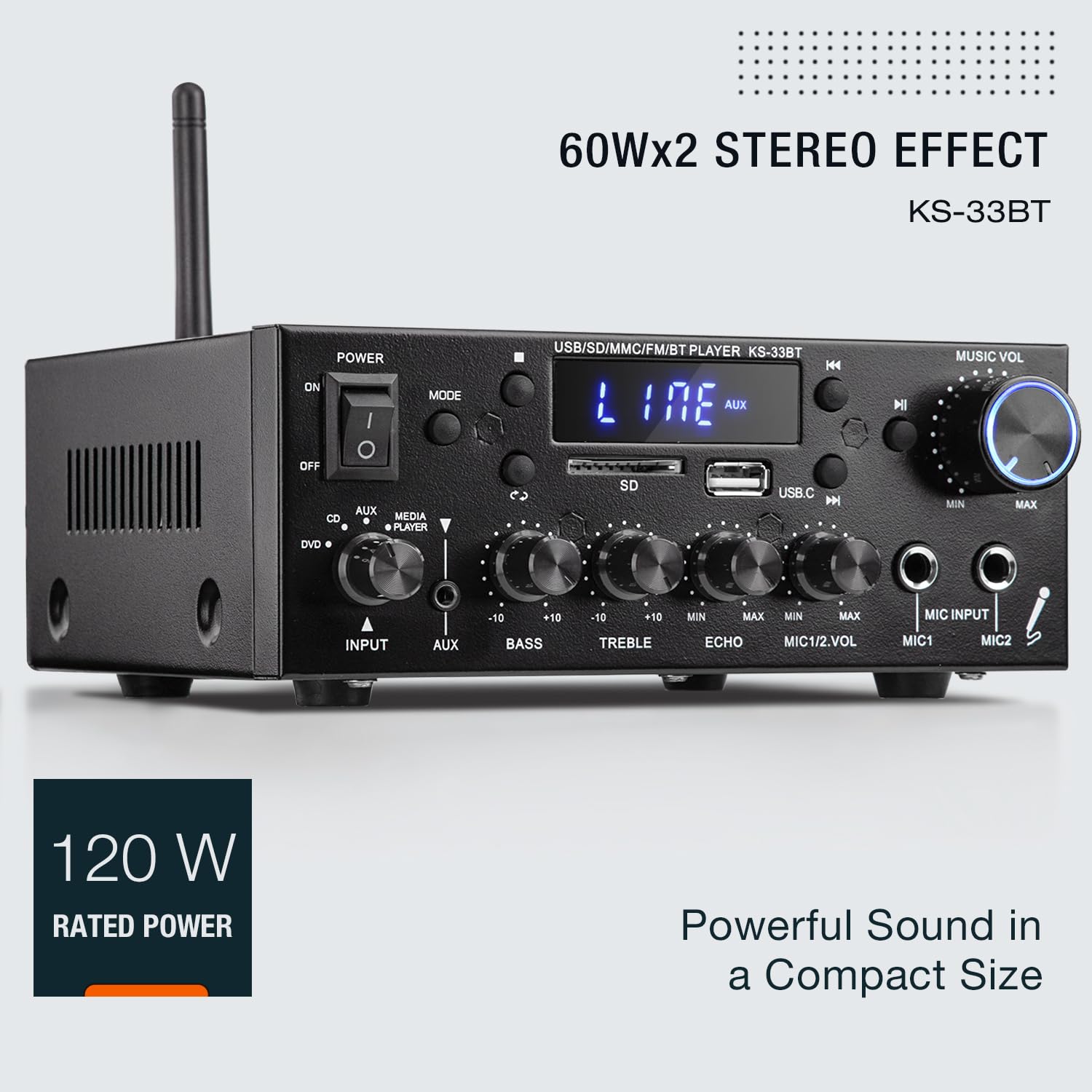 Facmogu Ks 33Bt 2.1Ch Stereo Audio Amplifier With Active Subwoofer Output, Rms 60Wx2 Max 400Wx2 Mini Bt Amp Home Theater Stereo, Bluetooth 5.0 Hifi Receiver W/Mic/Echo/Usb/Sd/Aux/Fm