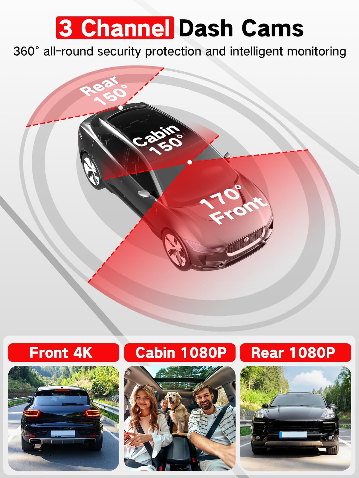 3 Channel Dash Cam Front Inside And Rear, 4K Full Hd Car Dash Camera With 64Gb Card, Night Vision, App Control, Loop Recording,