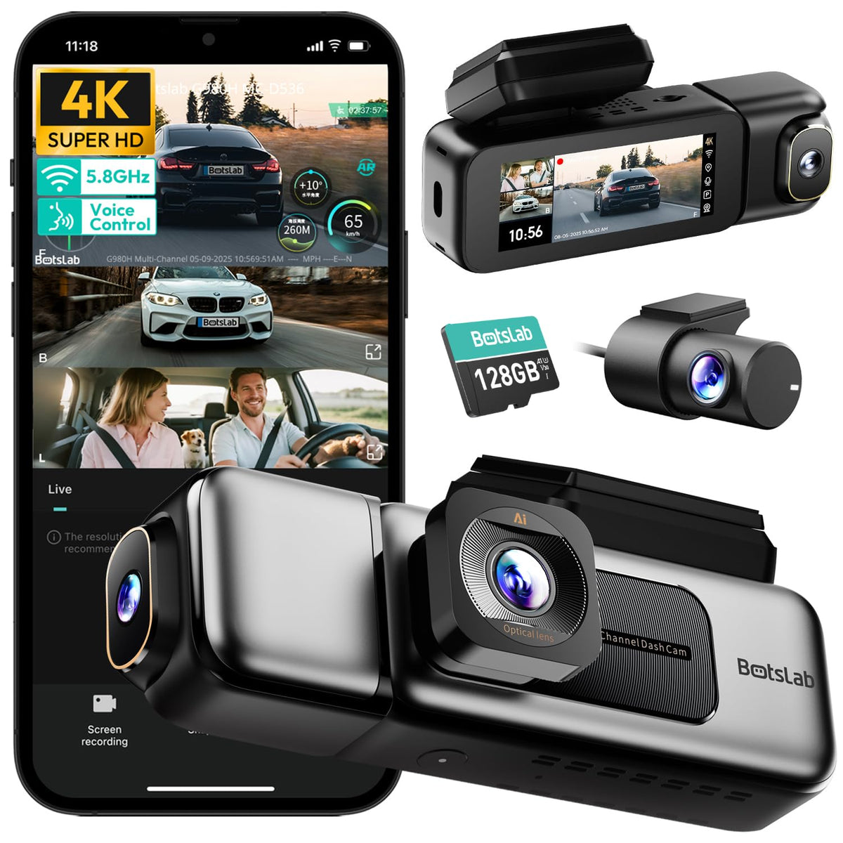 BOTSLAB 3 Channel 4K Dash Cam w/ GPS, WiFi, 128GB Card – Electroeshop