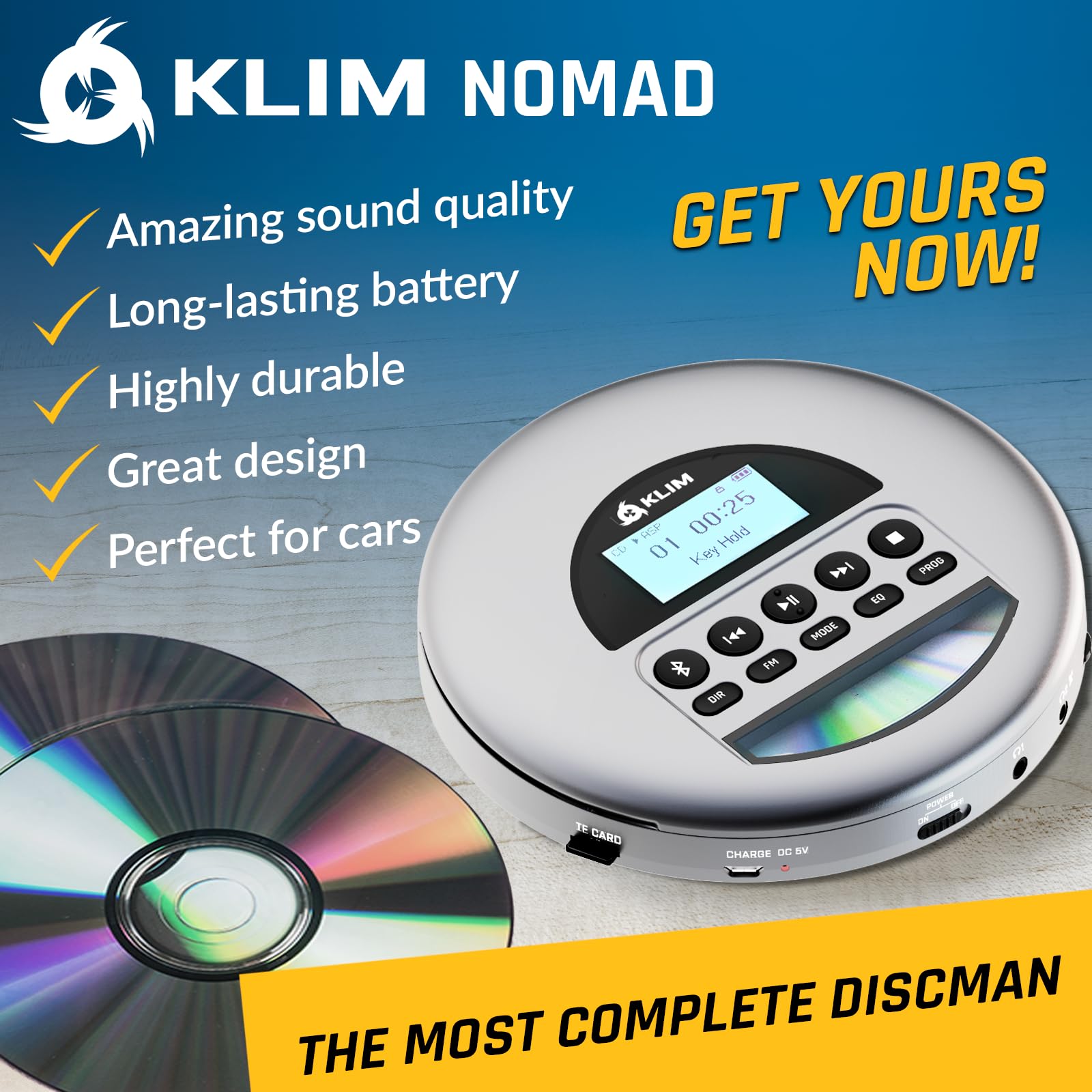 Klim Nomad   New Version   Portable Cd Player Walkman With Long Lasting Battery   With Headphones   Radio Fm   Compatible Mp3 Cd