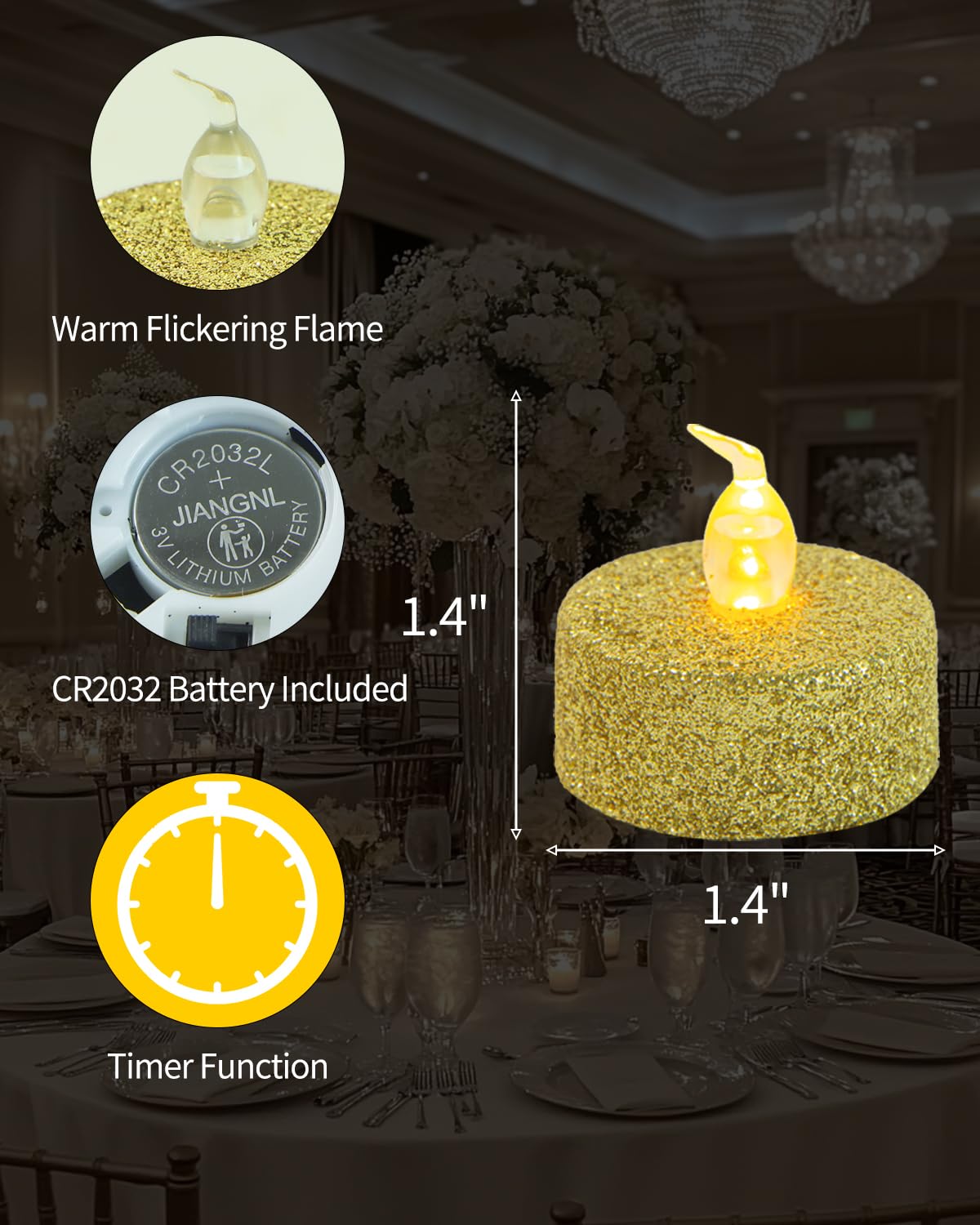 Oneihomm Gold Flameless Tealight Candles With Timer,Glitter Battery Operated Tea Lights For Event, Christmas Decorations,Anniver