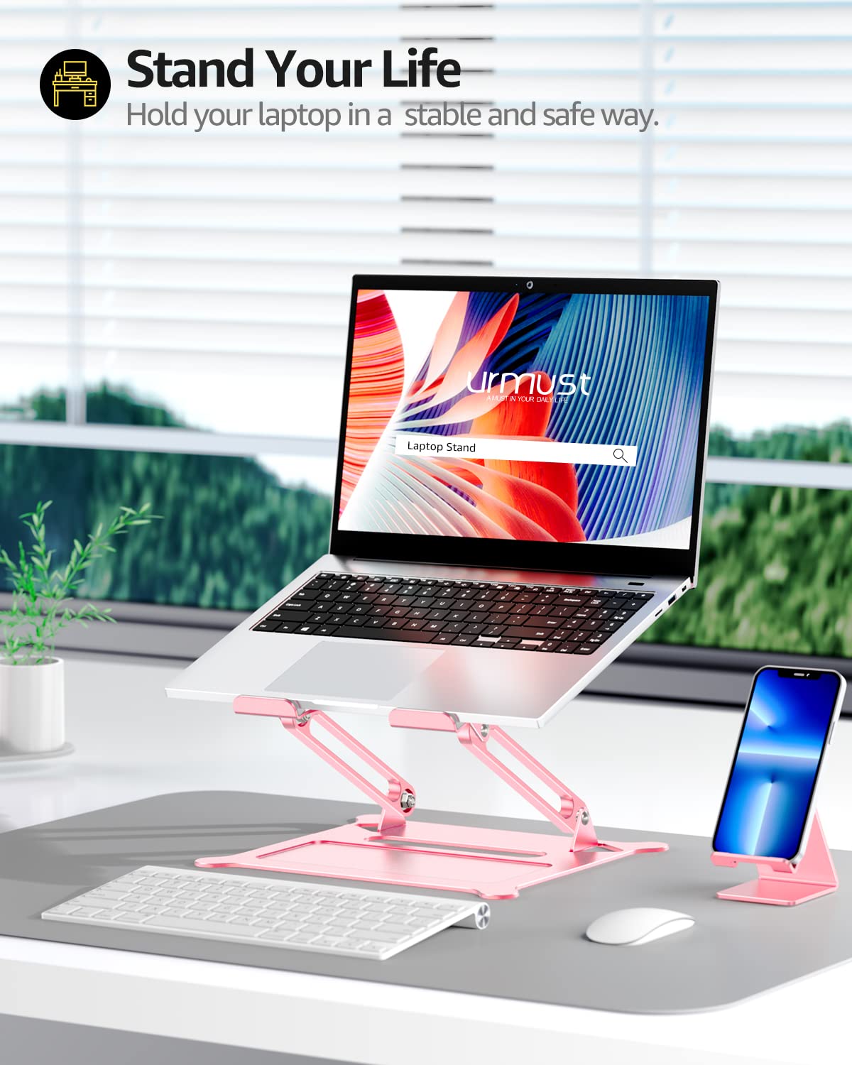 Urmust Laptop Notebook Stand Holder Adjustable Ultrabook Stand Riser Portable Compatible With Macbook Air Pro Hp Dell Xps Lenovo All Laptops 10 15.6'(Rose Gold)