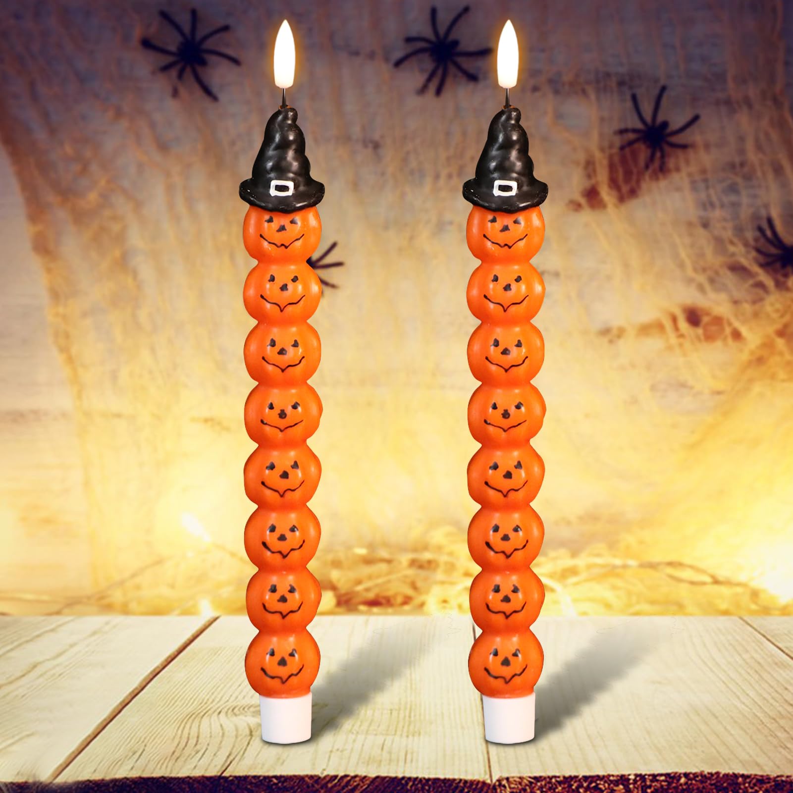 Genswin Halloween Flameless Taper Candles With Timer, 2 Pack Taper Candles Battery Operated, Real Wax Pumpkin Flickering Led Tap