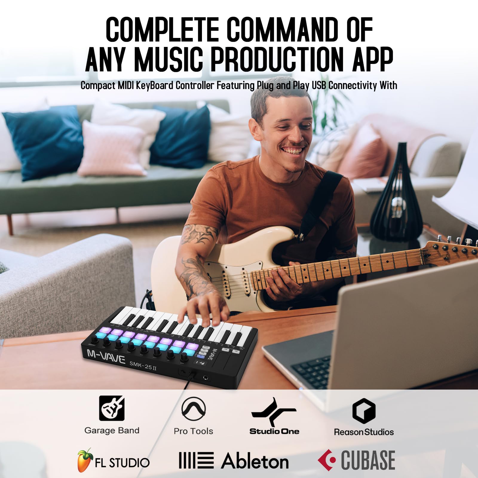 M Wave 25 Key Usb Midi Keyboard Controller With 16 Backlit Drum Pads, Bluetooth Semi Weighted Professional Dynamic Keybed 8 Knob