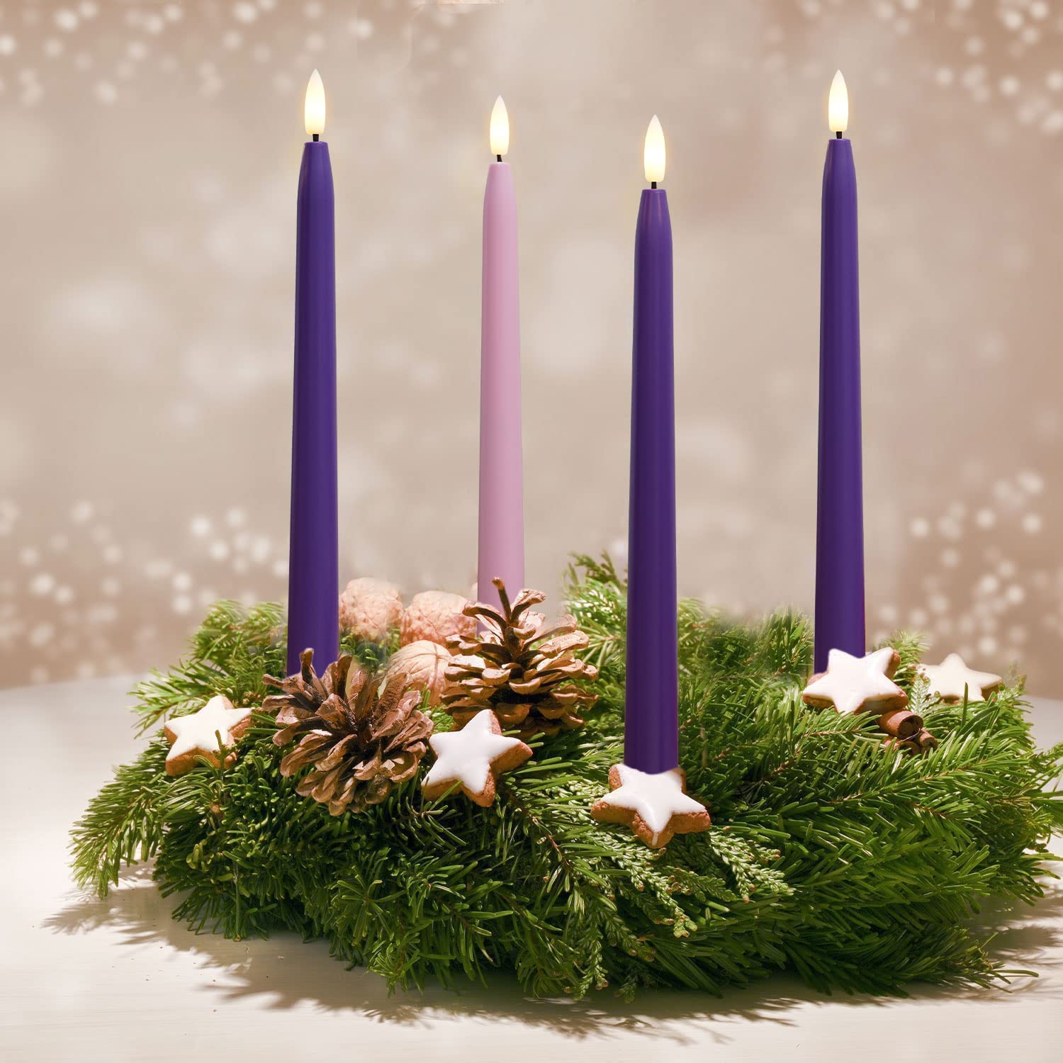 Stmarry Flameless Advent Candles, Set Of 4   Flickering Led Flame, 11 Inch Taper Candlesticks, Remote Controlled, Purple And Pin