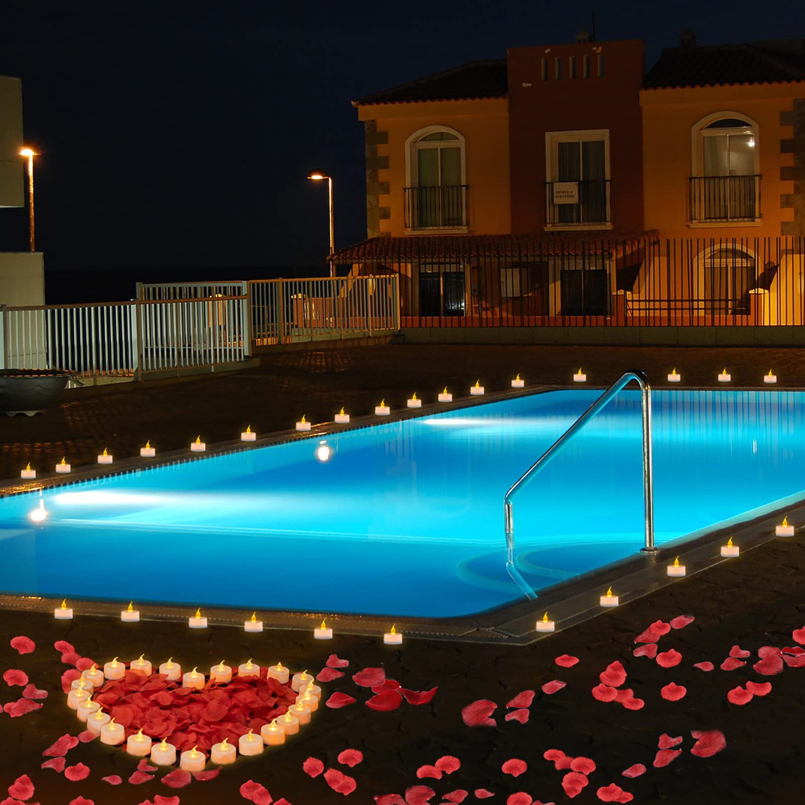 Lanker 500Pcs Red Artificial Rose Petals With 24Pcs Flickering Amber Yellow Flameless Tea Lights Candles (Amber Yellow Lights Wi