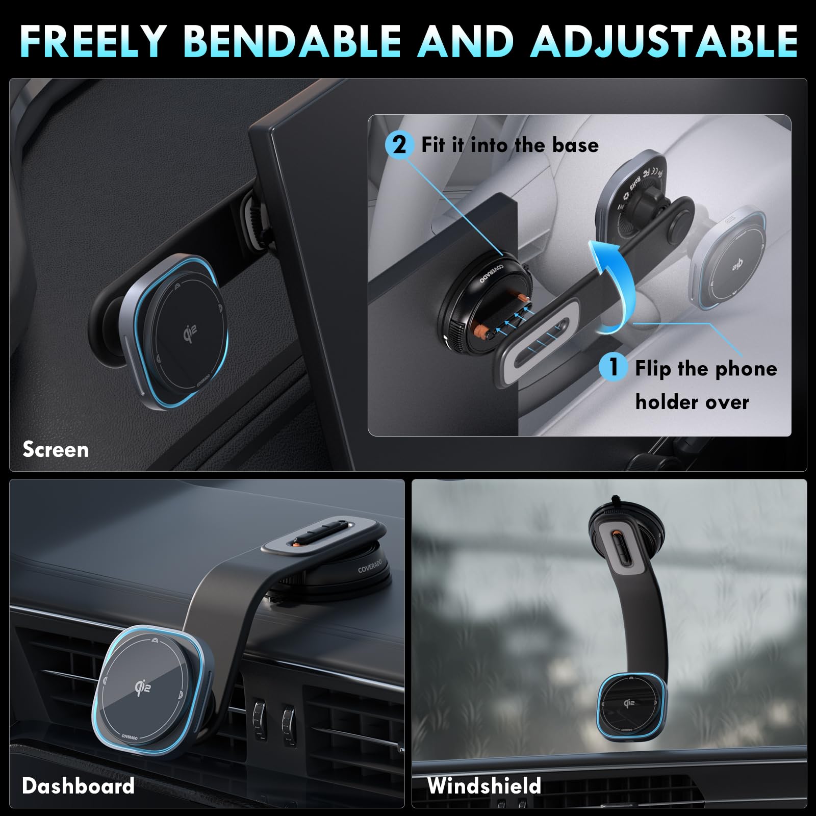 Coverado For Qi2 15W Magsafe Car Mount Charger, Wireless Car Charger Phone Holder For Car With Adjustable Aluminum Alloy Arm, Ma