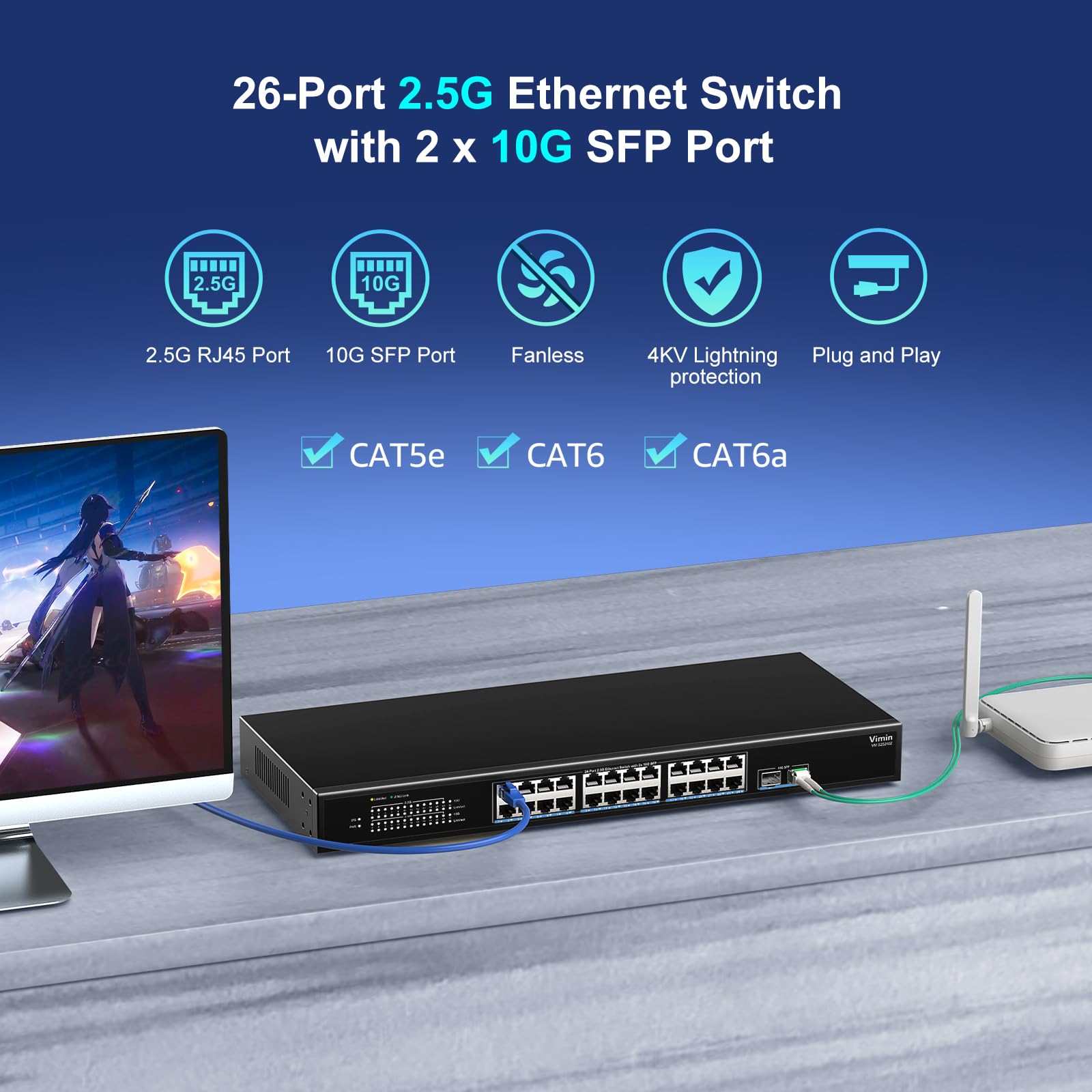 24 Port 2.5G Network Switch With 2X10G Sfp, 24X 2.5G Base T Ethernet Ports, Unmanaged Switch Compatible With 10/100/1000Mbps, 16