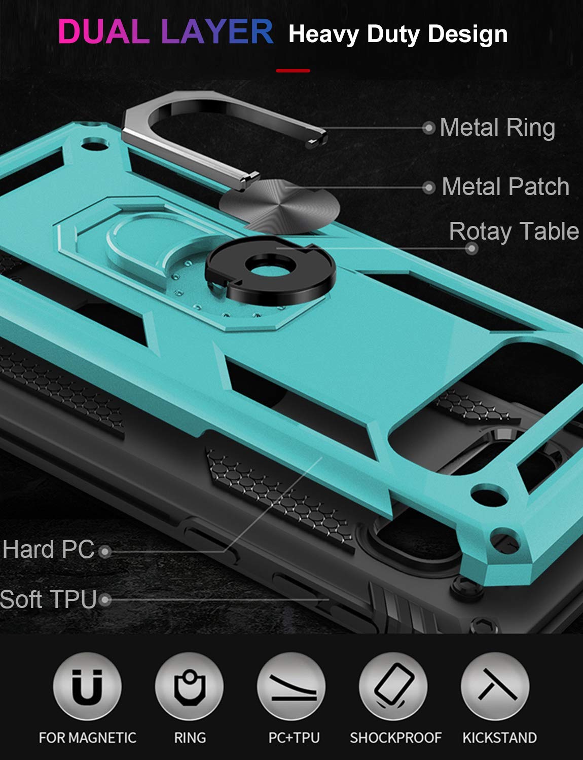 LUMARKE Samsung Galaxy S10 Plus Phone Case 16ft Drop Tested Magnetic Ring Kickstand Teal Plastic