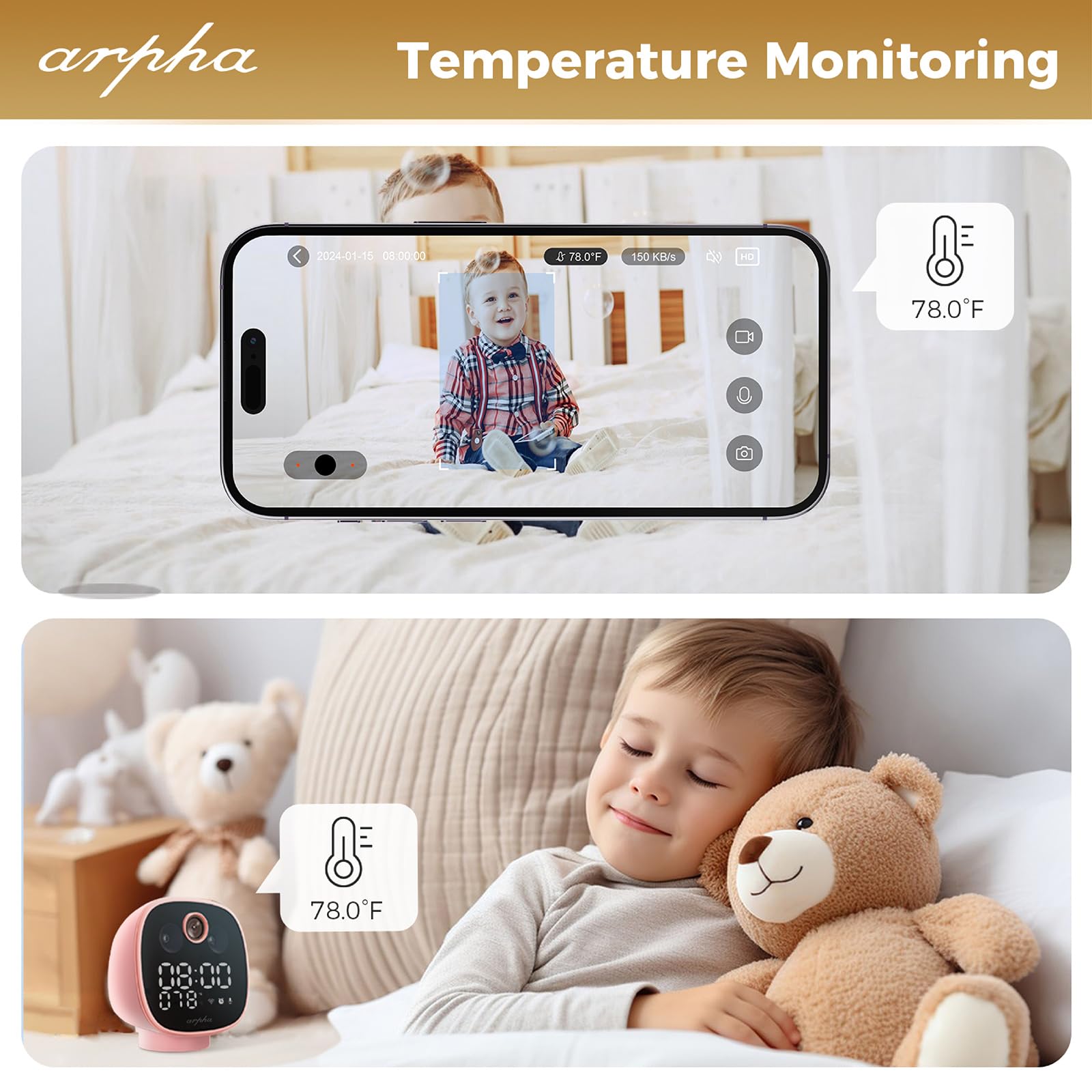 Arpha 1080P Indoor Security Camera, Wifi Camera For Baby Monitor, Pir Motion Detection Temp Monitoring, One Touch Call Two Way T