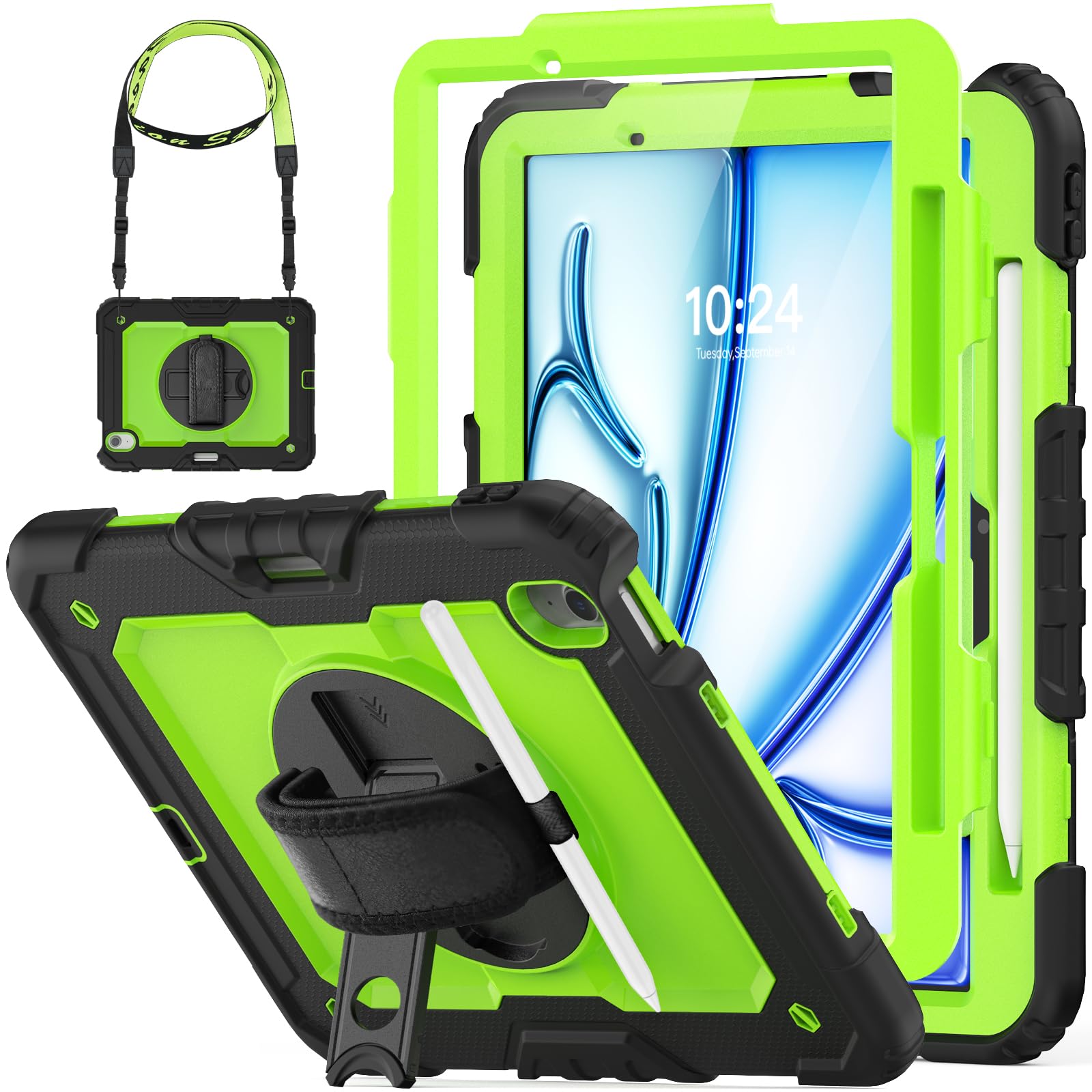 Hxcaseac Case For Ipad Air 11 Inch 2024 (M2), Shockproof Design With Pencil Holder/Screen Protector/Rotating Hand Strap, Protect
