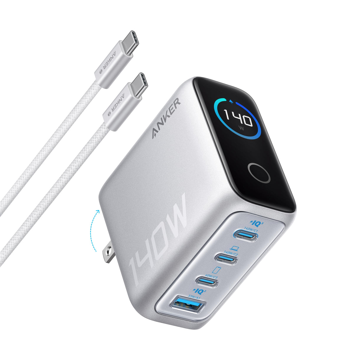 140W Usb C Charger, Anker Laptop Charger, 4 Port Multi Device Fast Charging, Advanced Gan Power Adapter, Intuitive Touch Control