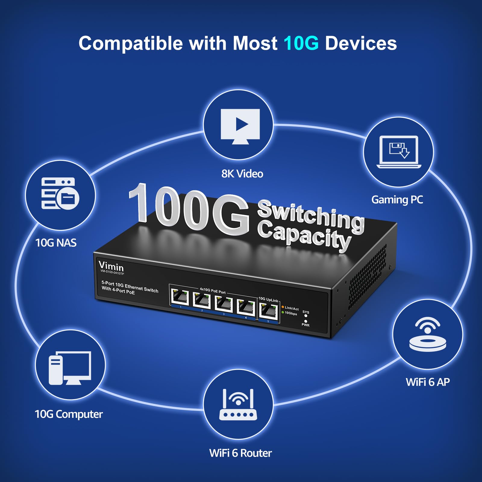 4 Port 10G Poe Switch Unmanaged With 10G Uplink Port, Vimin 4 Port 10Gbe Poe Network Switch, Auto Negotiation, For 10G Nas Netwo