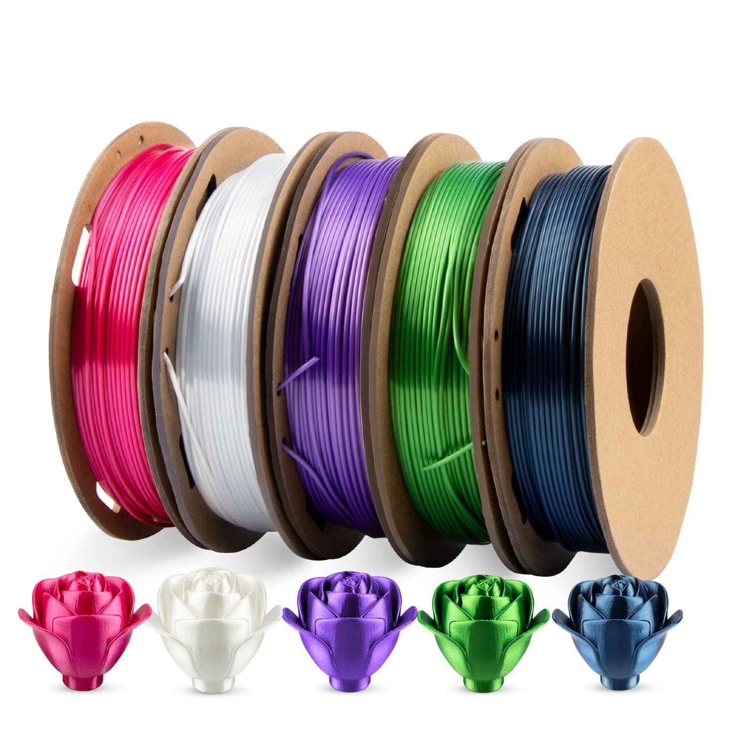 TINMORRY Ultra Silk+ PLA Filament 1.75mm, Silk PLA 3D Printer Filament Bundle, 250g x 5 Spools, Pearl White+Teal Blue+Rose Red+G