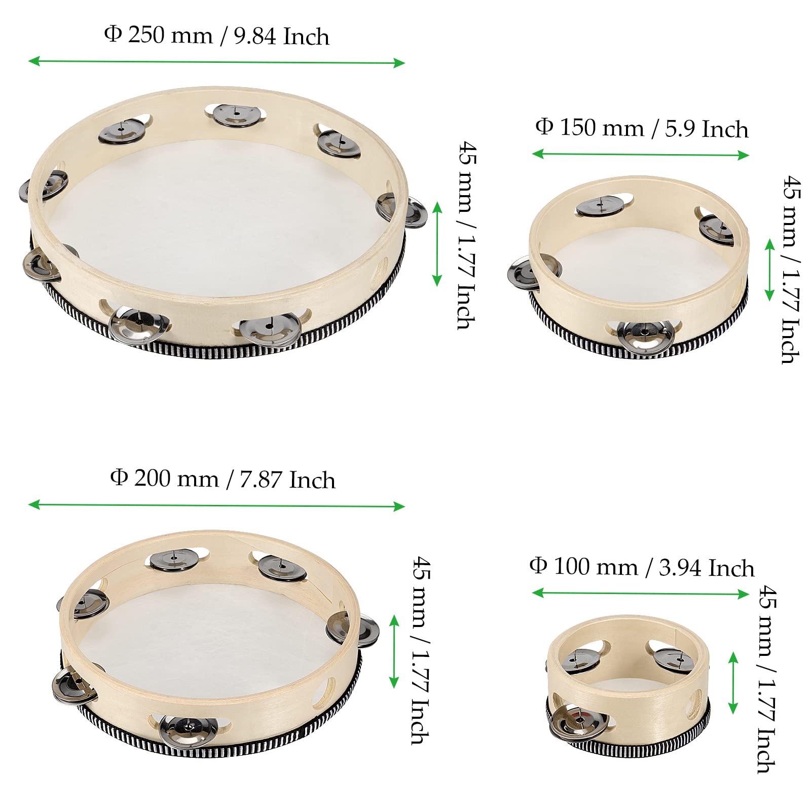 Mahiong 4 Pcs 4'' 6'' 8'' 10'' Wooden Tambourine, Musical Instrument Tambourine Set, Handheld Drum Bell Metal Jingles Single Row