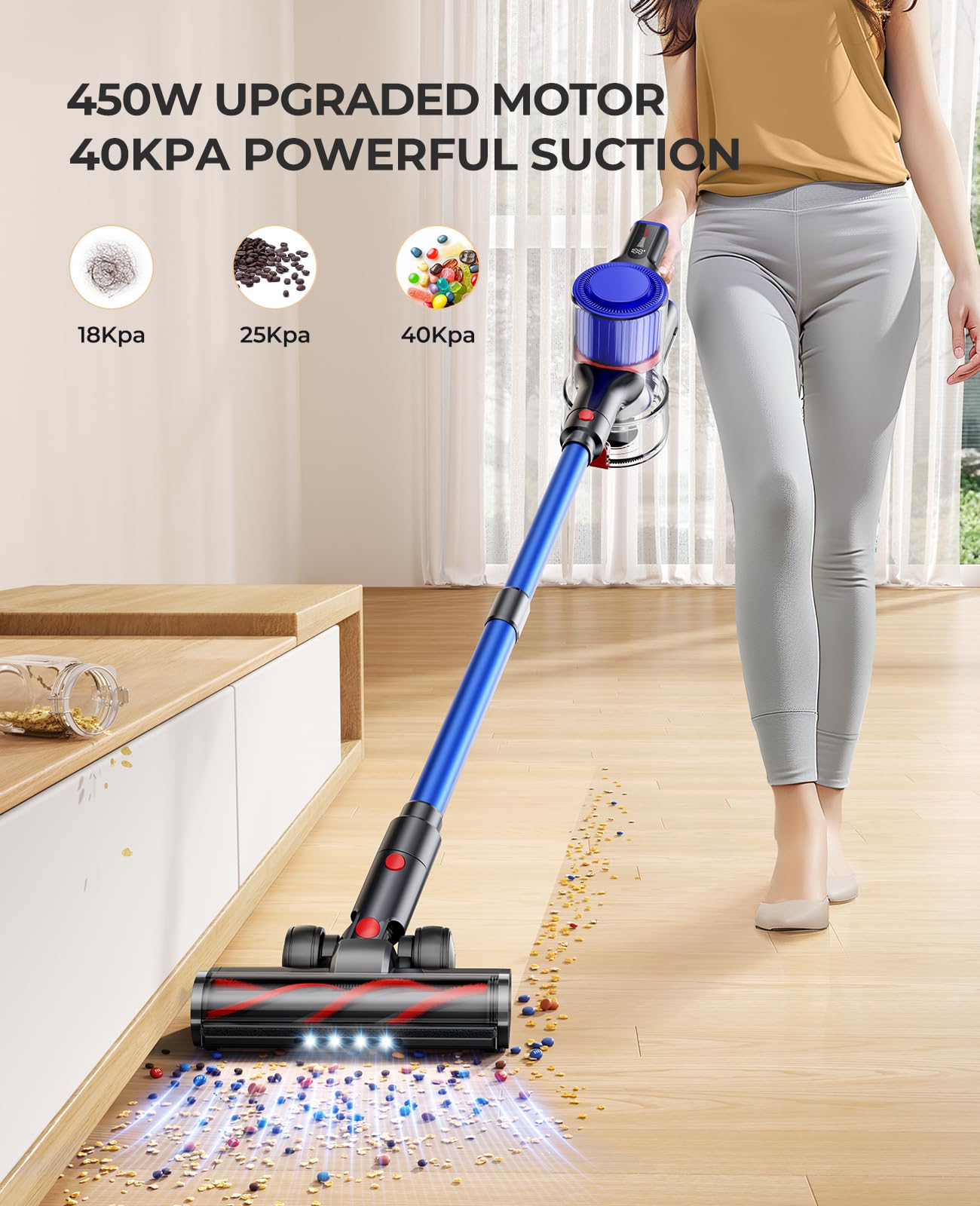 Fieety Cordless Vacuum Cleaner 40Kpa, 450W Stick Vacuum Cleaner, Up To 55 Mins Runtime, Self Standing Vacuum Cleaner With Wall M