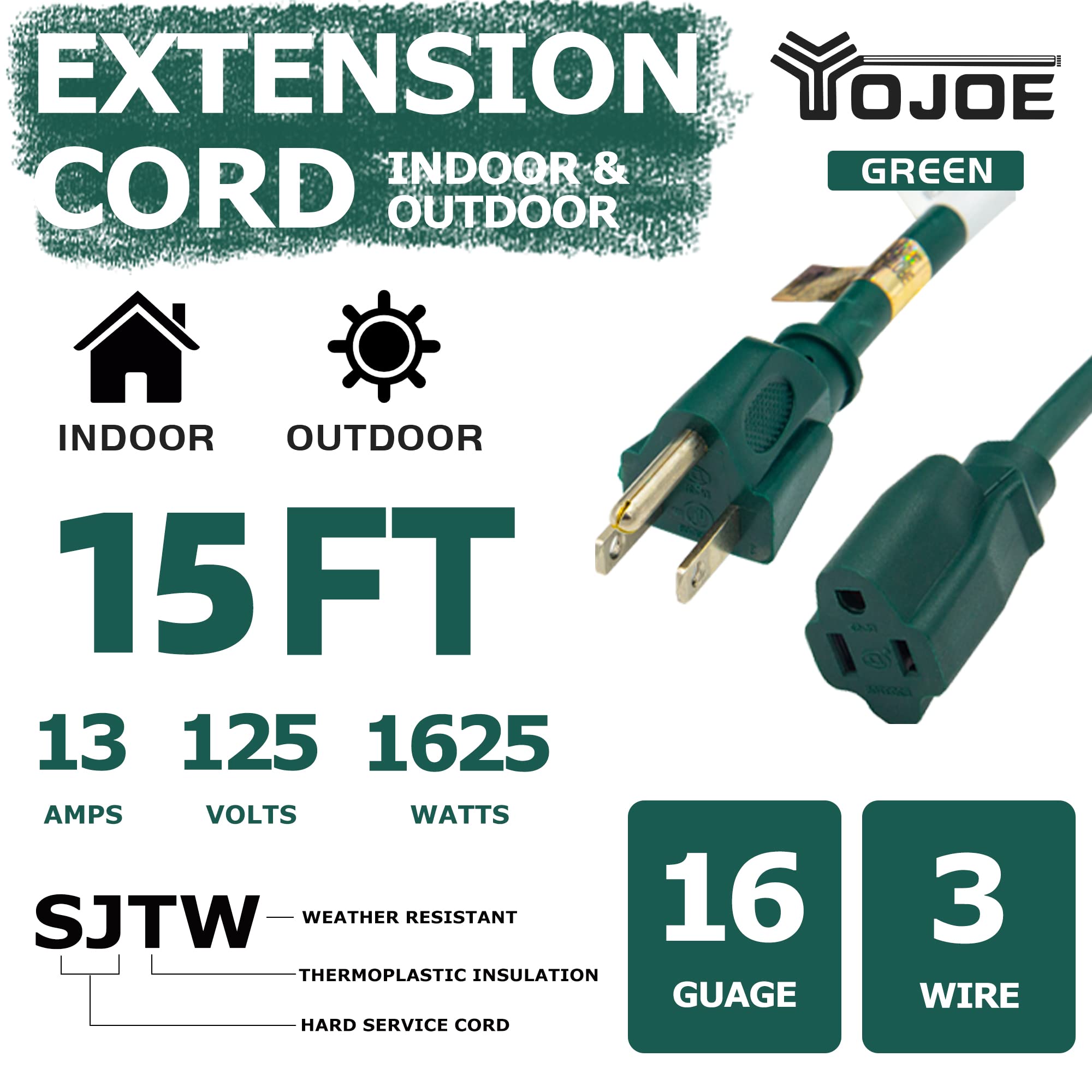 Yojoe Indoor Outdoor Extension Cord, 3 Prong 13A Weatherproof Power Extension Cord, 16 Gauge Heavy Duty 15 Ft Green Extension Co