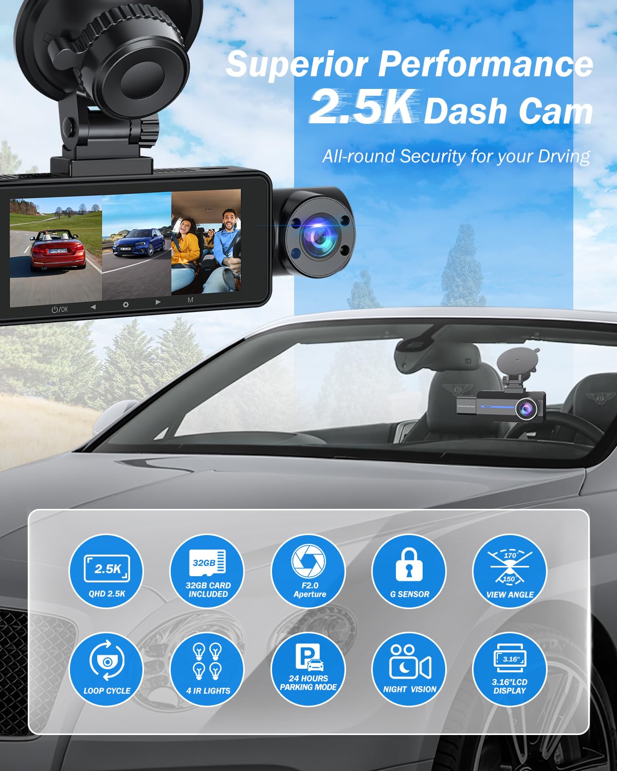 3 Channel 2.5K Dash Cam, 1440P Dash Cam Front And Rear Inside, Dash Camera For Cars, Triple Car Camera With 32Gb Card, G Sensor,