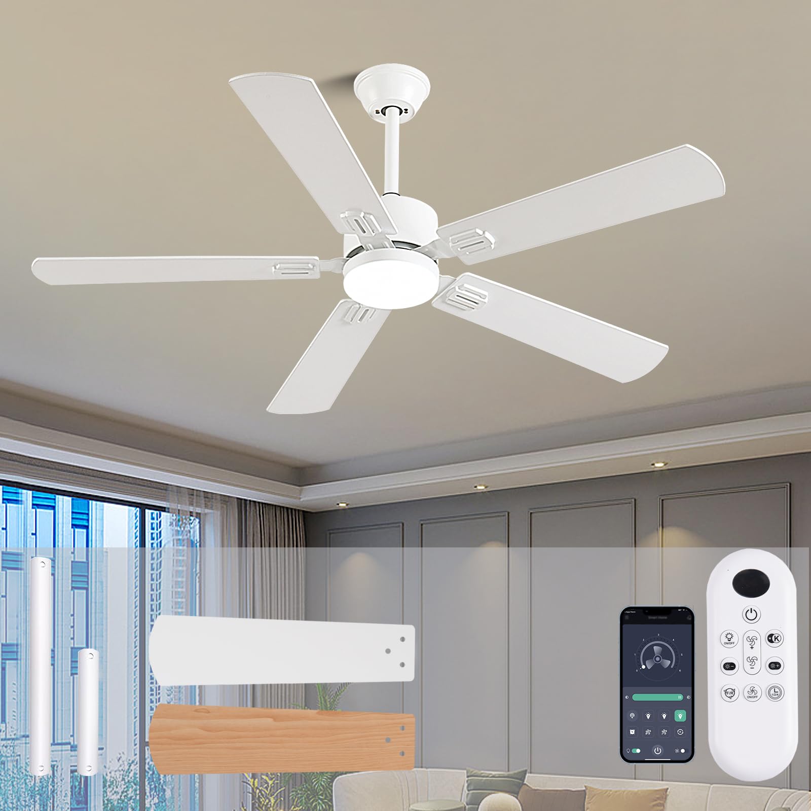 Fumltp 52 Inch Modern White Ceiling Fans With Lights App/Remote Control, Low Profile Reversible 6 Speeds Ceiling Fan Light For I