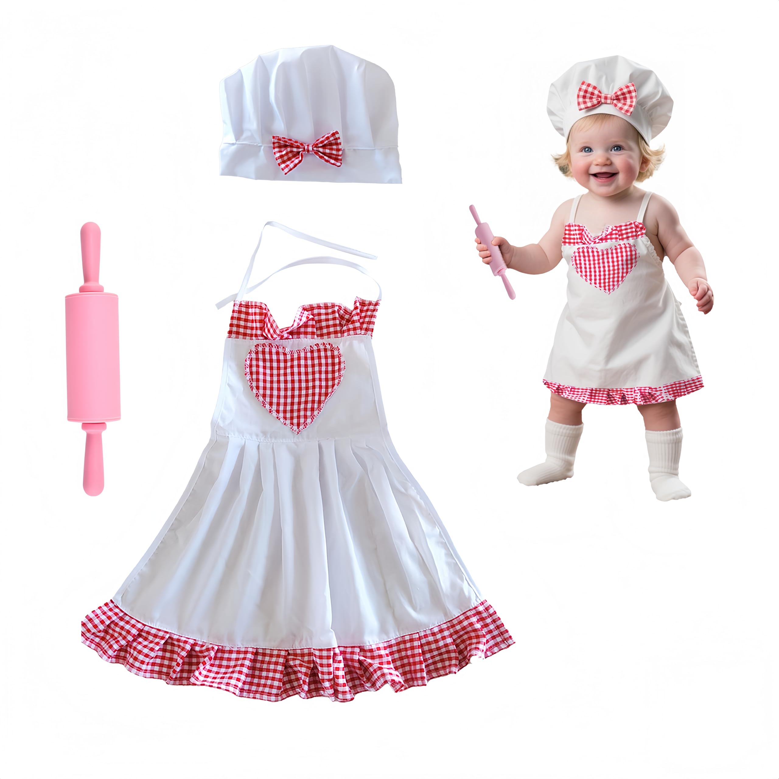 3 Pack Baby Photography Props, Baby Chef Hat Apron and Mini Silicone Rolling Pin for 8-24 Months, Newborn Photoshoots Posing Pho