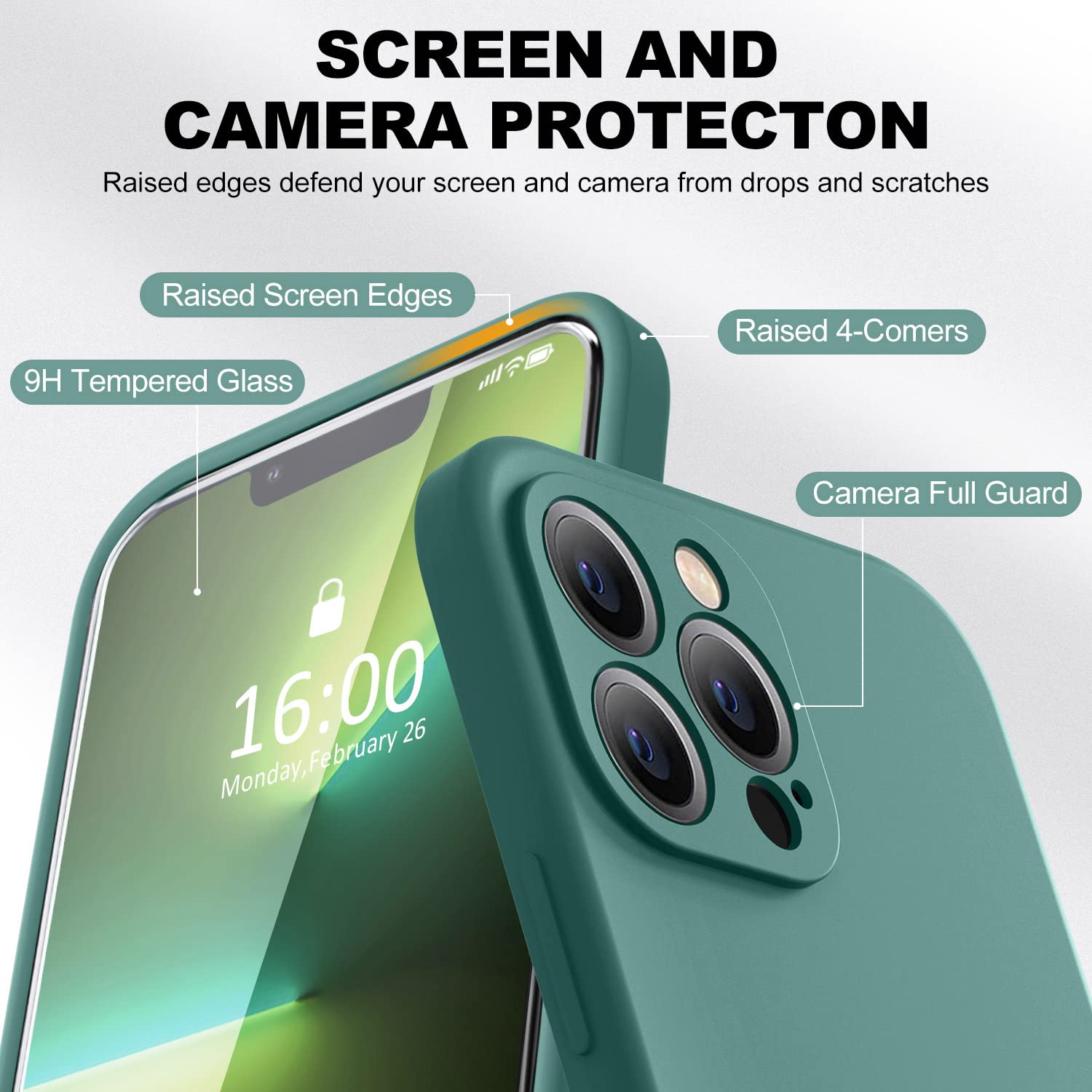 BossKiss iPhone 13 Pro Silicone Phone Case with Camera Protection, Soft Microfiber Lining & 2 Screen Protectors, Pine Green