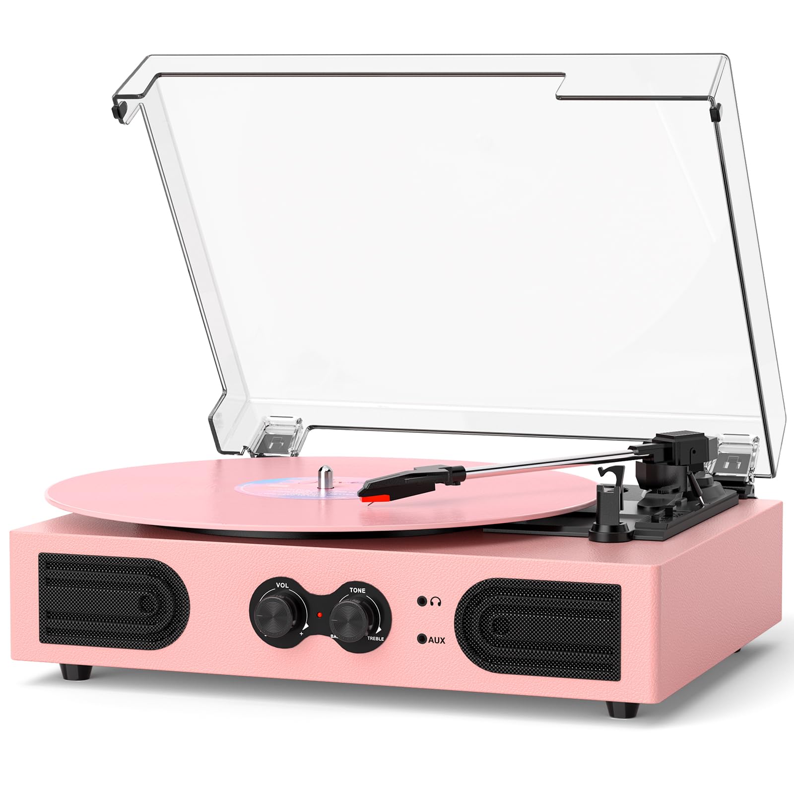 Vinyl Record Player with Built-in Stereo Speakers, Vintage 3-Speed Turntable, Bass/Treble Control, Headphone Jack, RCA/AUX Outpu
