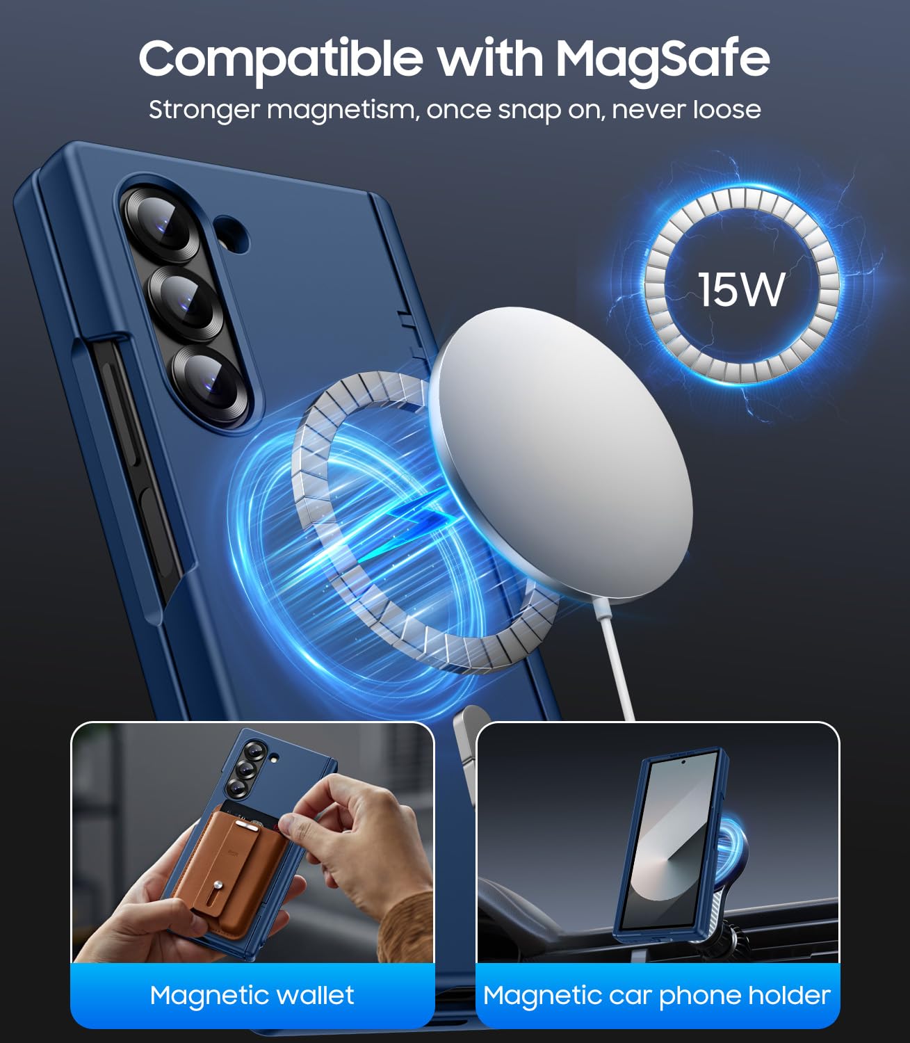 Makavo For Samsung Galaxy Z Fold 6 Case With S Pen Holder, Front Screen Protector, Hinge Protection, Compatible With Magsafe, Fo