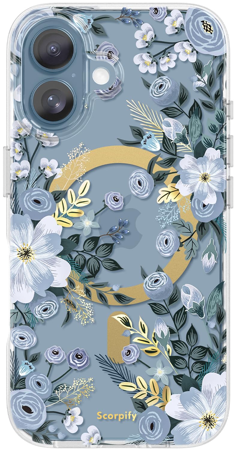 SCORPIFY for iPhone 17 Case [Compatible with MagSafe] with Blue Nemophila Floral Design, Cute Clear Flower Magnetic Phone Cover 
