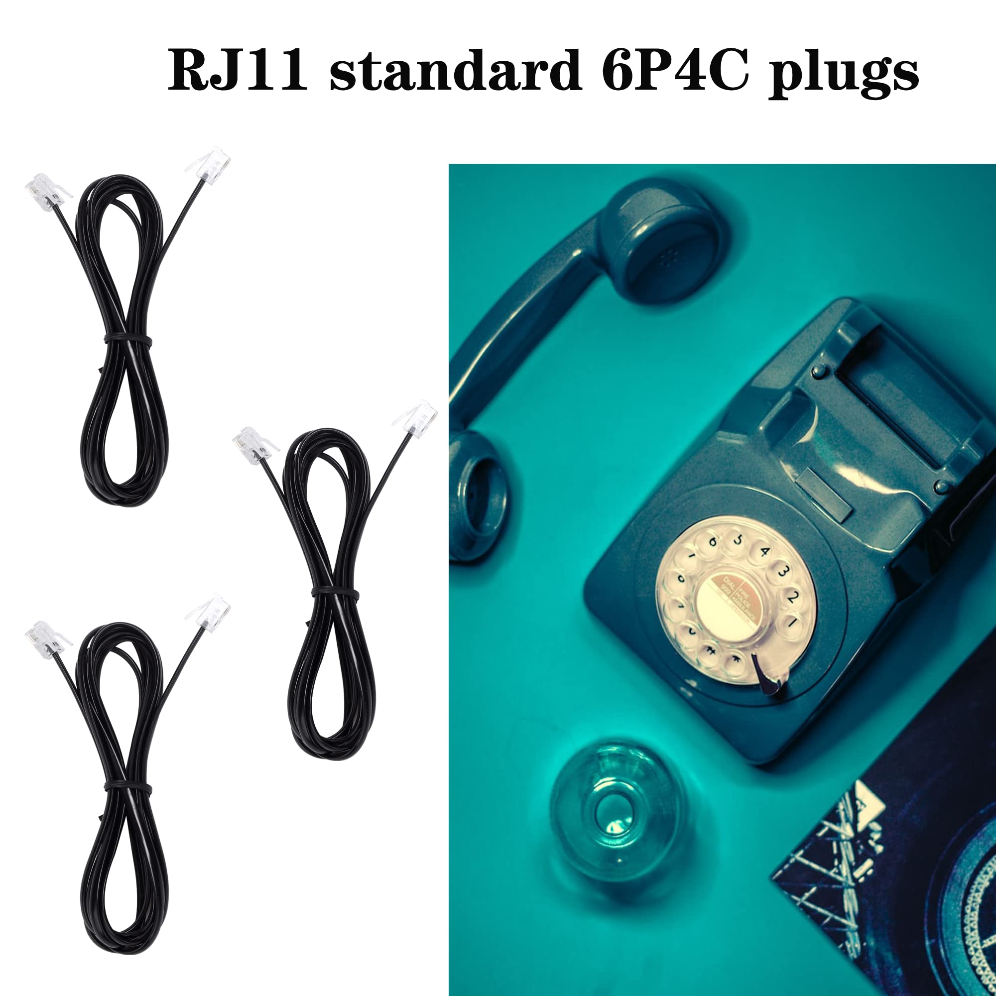 Telephone Landline Extension Cord Cable Cord With Standard Rj 11 6P4C Plug (3Ft 3Pack, Black)