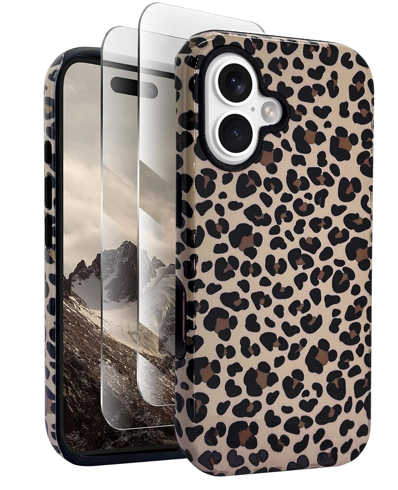 J.west Compatible with iPhone 16 Plus Case 6.7 inch with 2 Pack Tempered Glass Screen Protectors Cute Animal Leopard Hybrid Cove