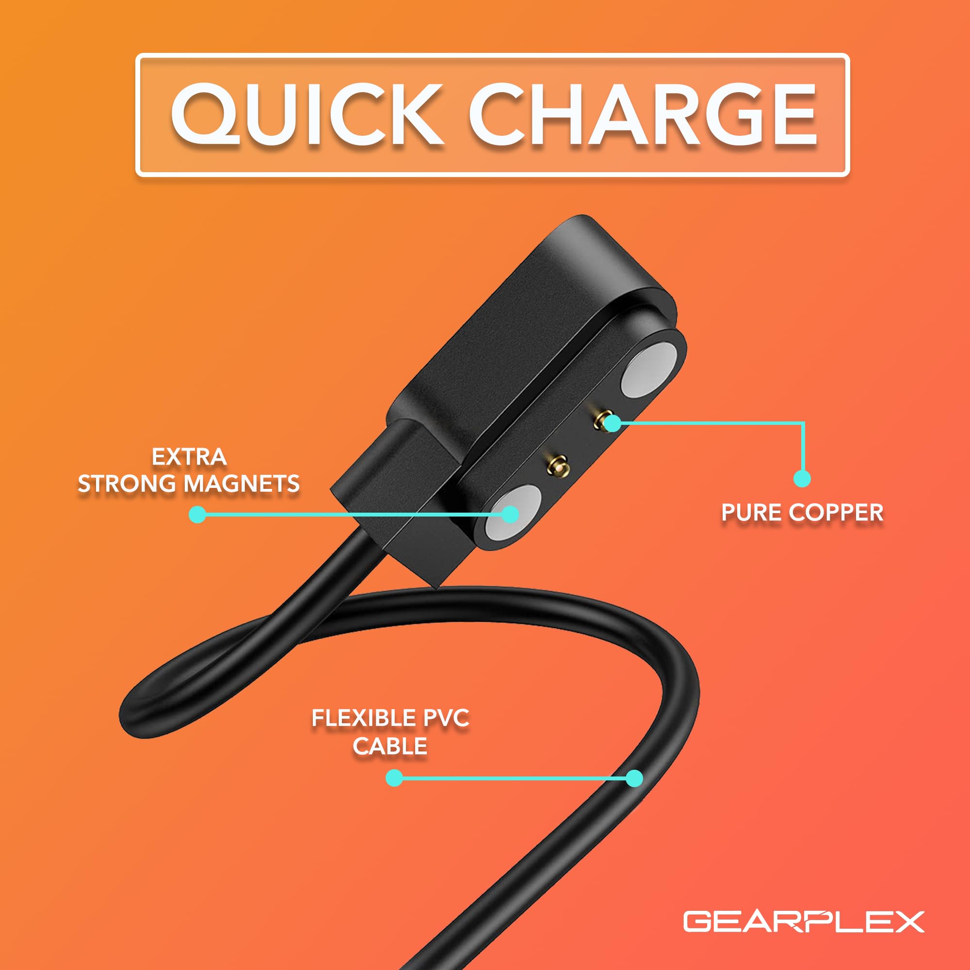 Gearplex Charging Usb Cable (2 Pin Magnetic) For Smart Watch Bluetooth Devices Black (Size- 2.5 Mm- 2 Pack)