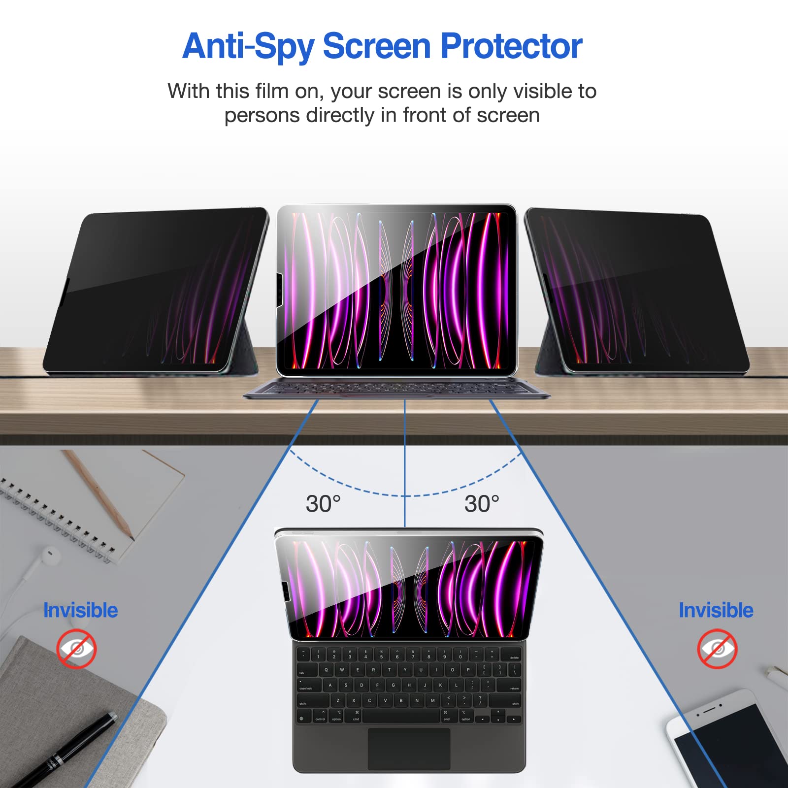 Procase 2 Pack For Ipad Pro 12.9 6Th 5Th 4Th 3Rd 2022 2021 2020 2018 Privacy Screen Protector, Anti Spy Tempered Glass Film Guar