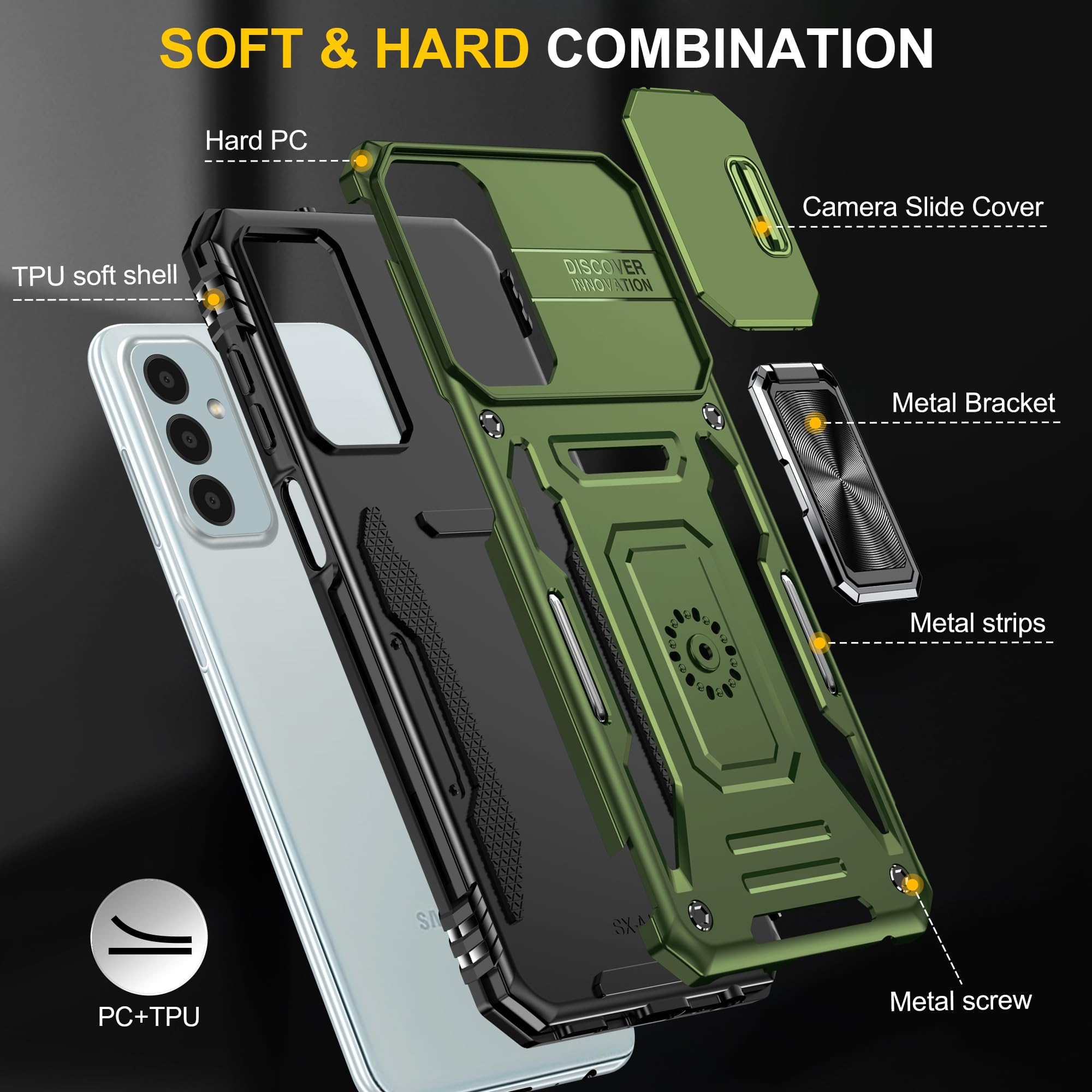 Samsung Galaxy A15 5G Case With Slide Camera Cover + Screen Protector(2 Packs), Rotated Ring Kickstand Military Grade Shockproof