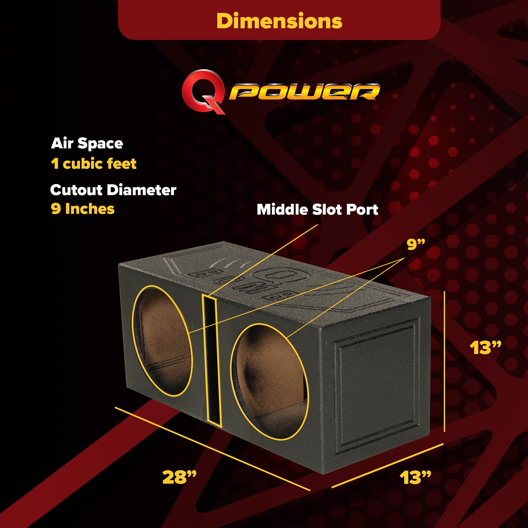 Q Power Qbomb10V Dual 10 Inch Vented Port Subwoofer Sub Box, 1 Cubic Foot Per Sub, Tuning Frequency 40 Hz, With Bedliner Spray