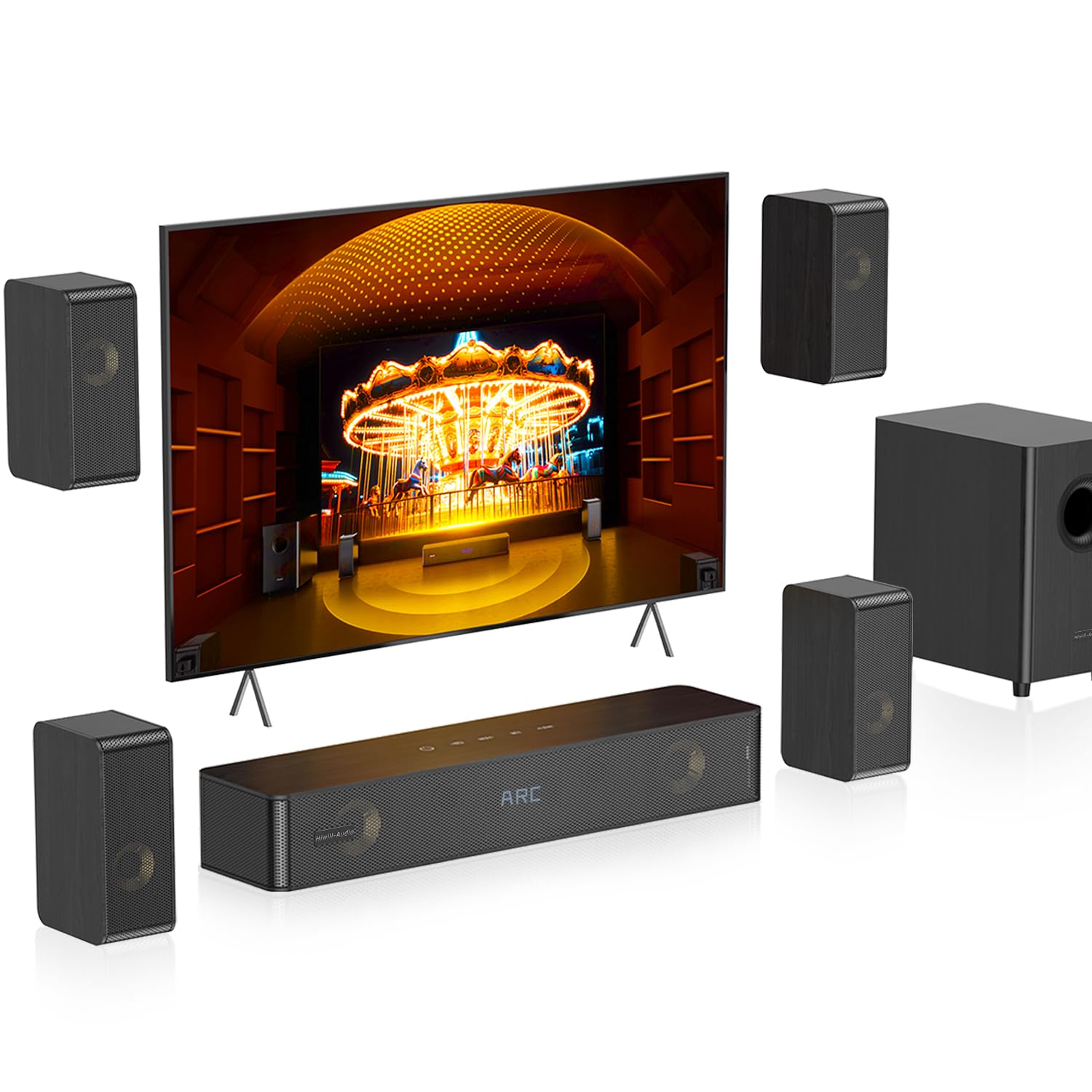 Hiwill-Audio Wooden 5.1.2 Sound Bars, 4 Surround Speakers Wired, Virtual Surround Sound System, Soundbar for Smart TV Speaker w/