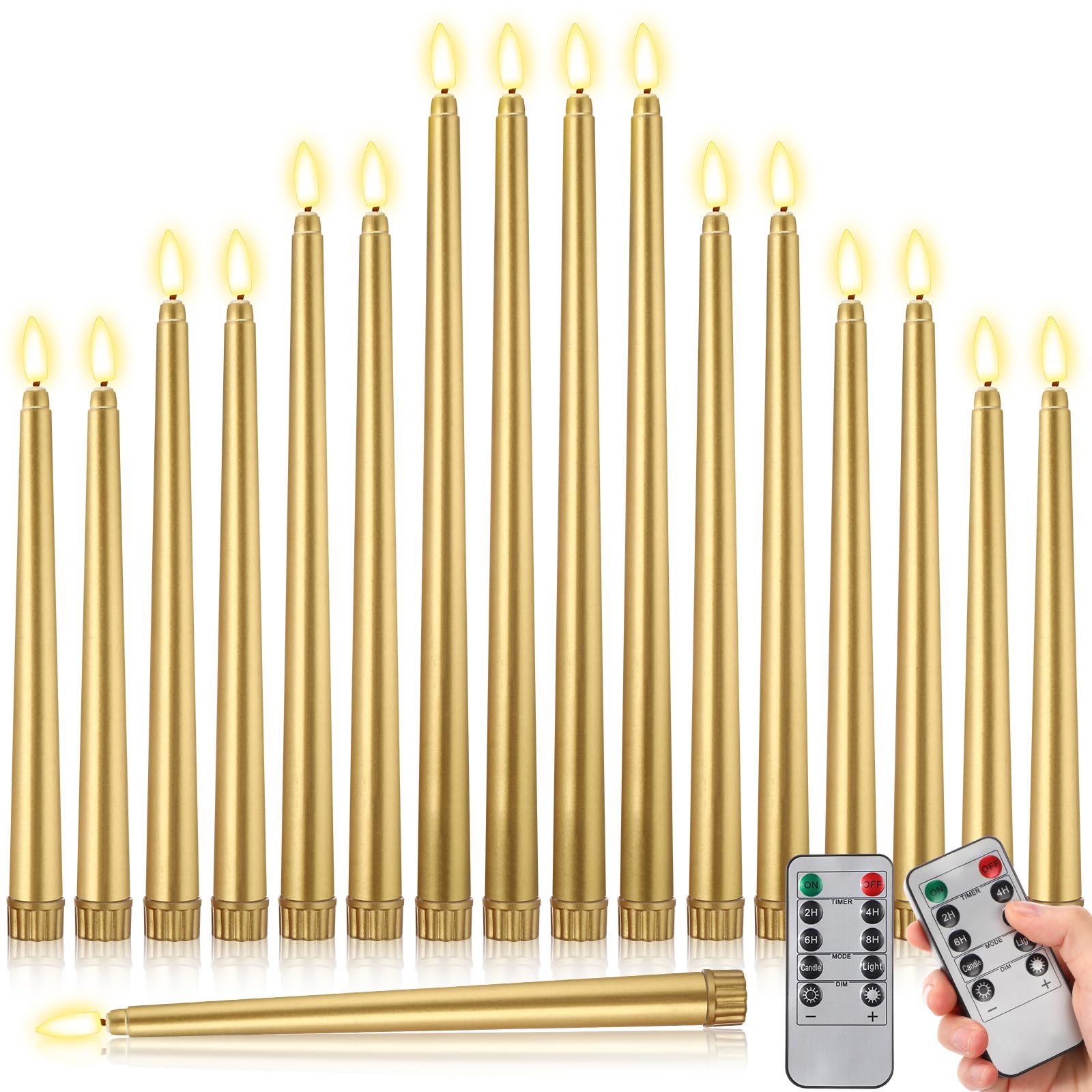 Rossesay 16 Pcs Gold Flameless Taper Candles Battery Operated Candles with Remote Timer 8.5 9.6 10.8 12.8 Multiple Sizes Gold LE