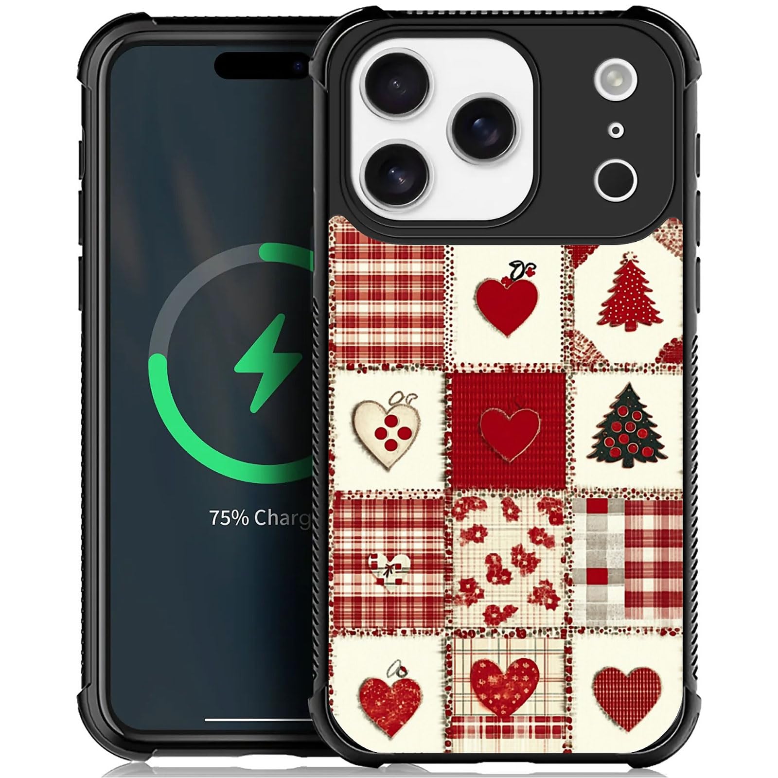XUANWENPA for iPhone 17 Pro Case,The Black Shell Design is Bright,Anti Drop and Dust-Proof,Christmas Tree and Checkered Heart.