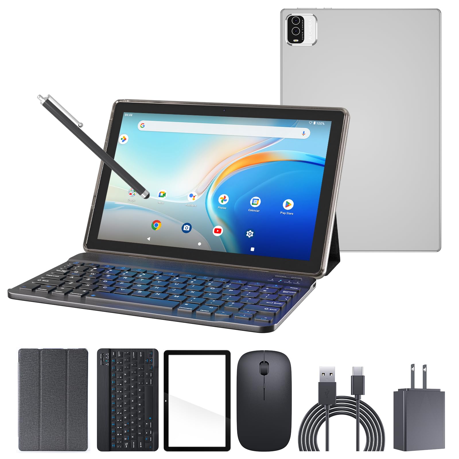 Android 12 Tablet 2 In 1 Tablet With Keyboard, 10.1 Inch Tablets Include Mouse Stylus Tempered Film, 2Gb Ram 32Gb Rom 512Gb Expa