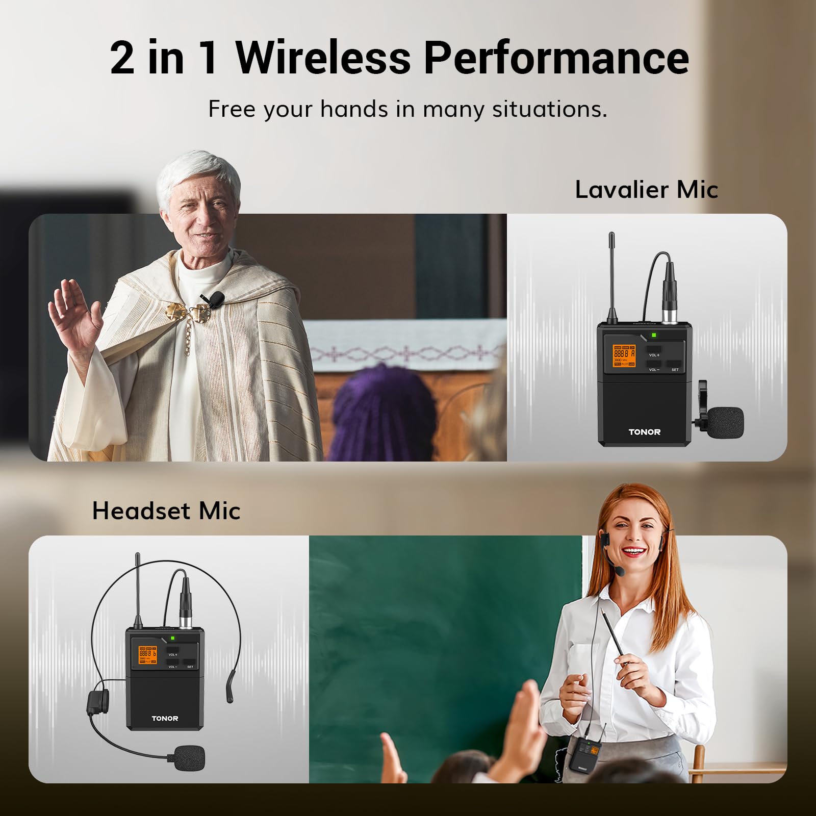 Tonor Uhf Wireless Microphone System With Dual Headset Microphones/Lavalier Lapel Mics, Bodypack Transmitters, Mini Rechargeable