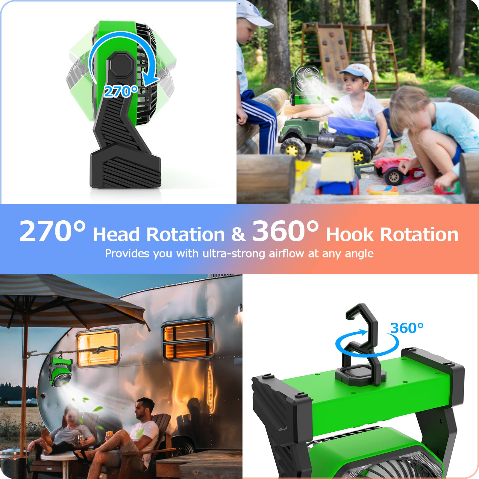 Gewanolla Portable Rechargeable Fan With Led Light, 20000Mah Battery Powered Camp Fan With Hook, 270 Pivot, 4 Speeds, Usb Table