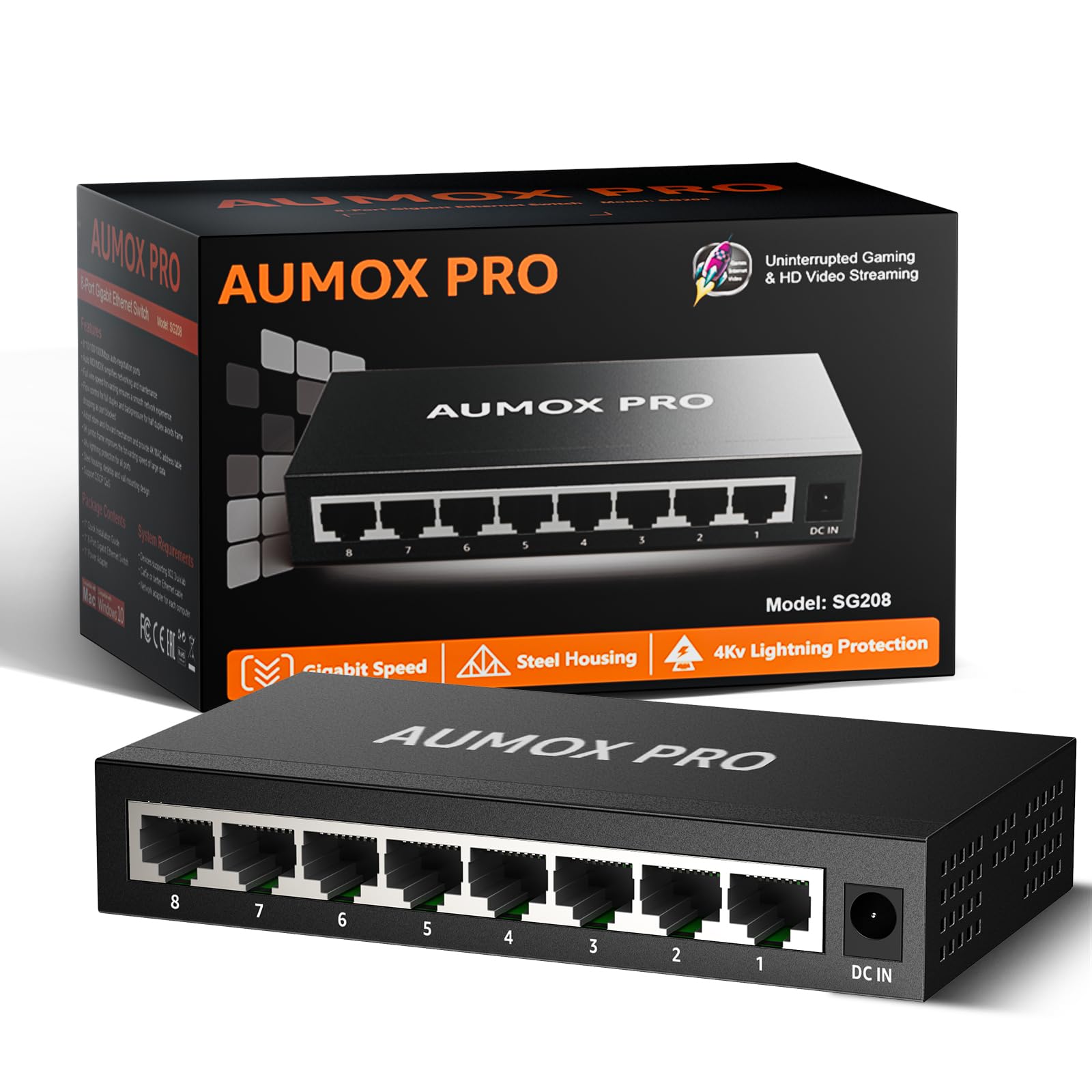 8 Port Gigabit Unmanaged Ethernet Switch, Aumox Pro Home Network Hub, Office Ethernet Splitter, Plug And Play, Silent Operation,
