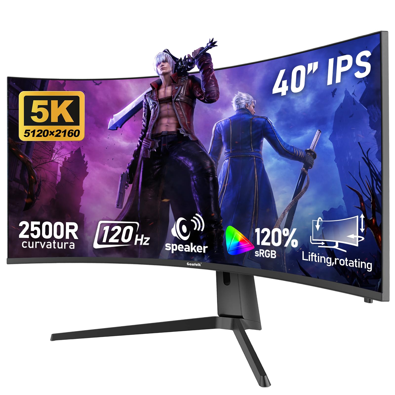 Gawfolk 40-inch IPS WUHD 5K (5120x2160) Ultrawide Curved 120Hz Gaming Computer Monitor, 2500R PC Screen, 21:9, 120% sRGB, Adapti