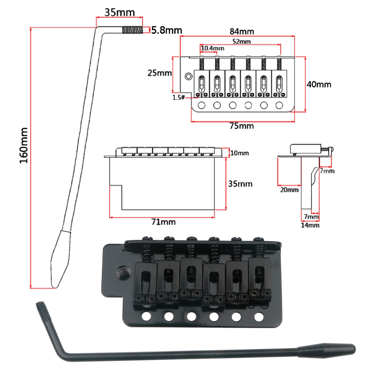 Swhmc Electric Guitar Bridge Tremolo System Set 6 Strings Guitar Tailpiece Replacement With Bar, For Strat(Black)